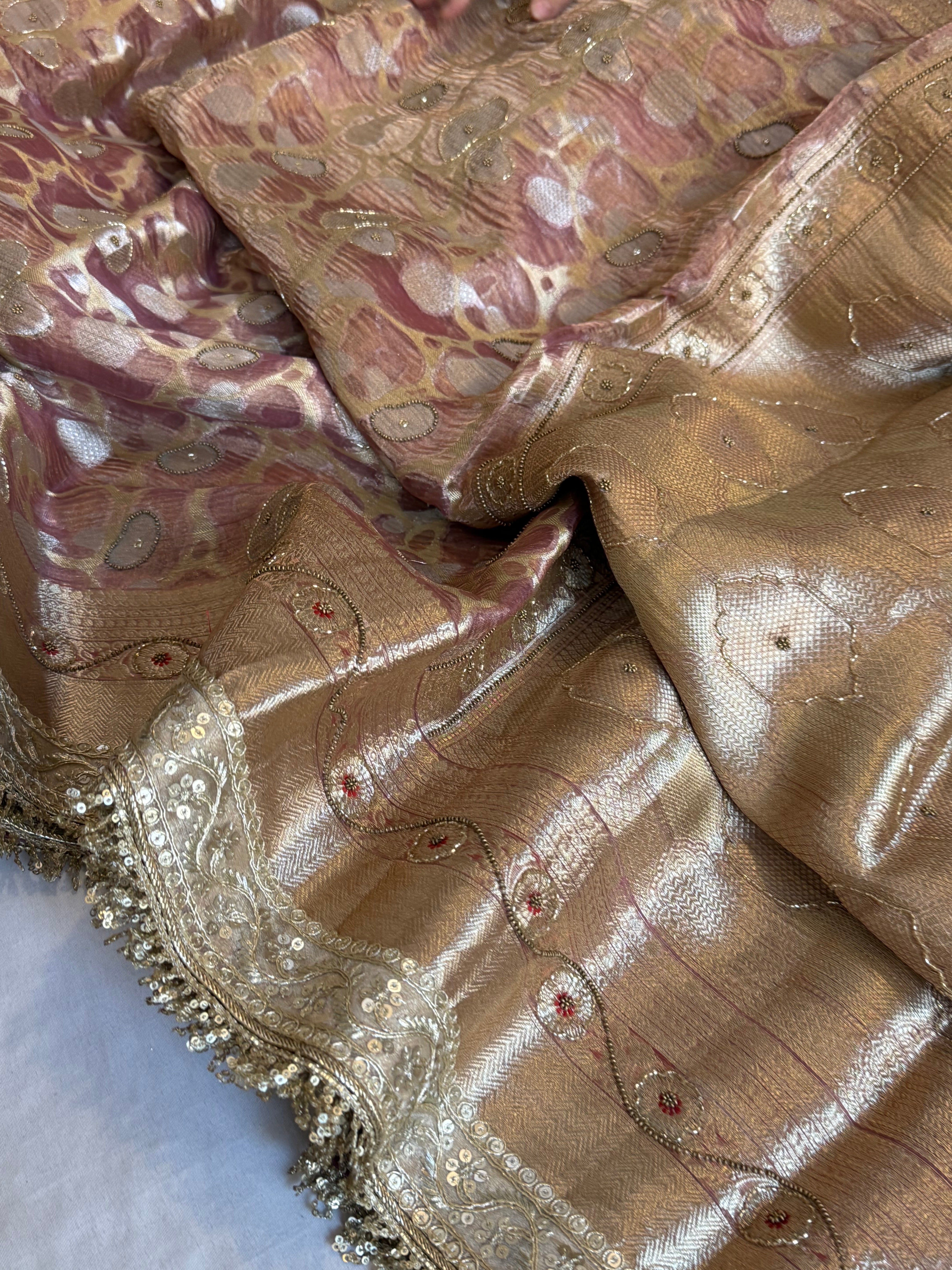 Mehfil sona rupa crushed tissue silk hand embroidered kadhwa saree
