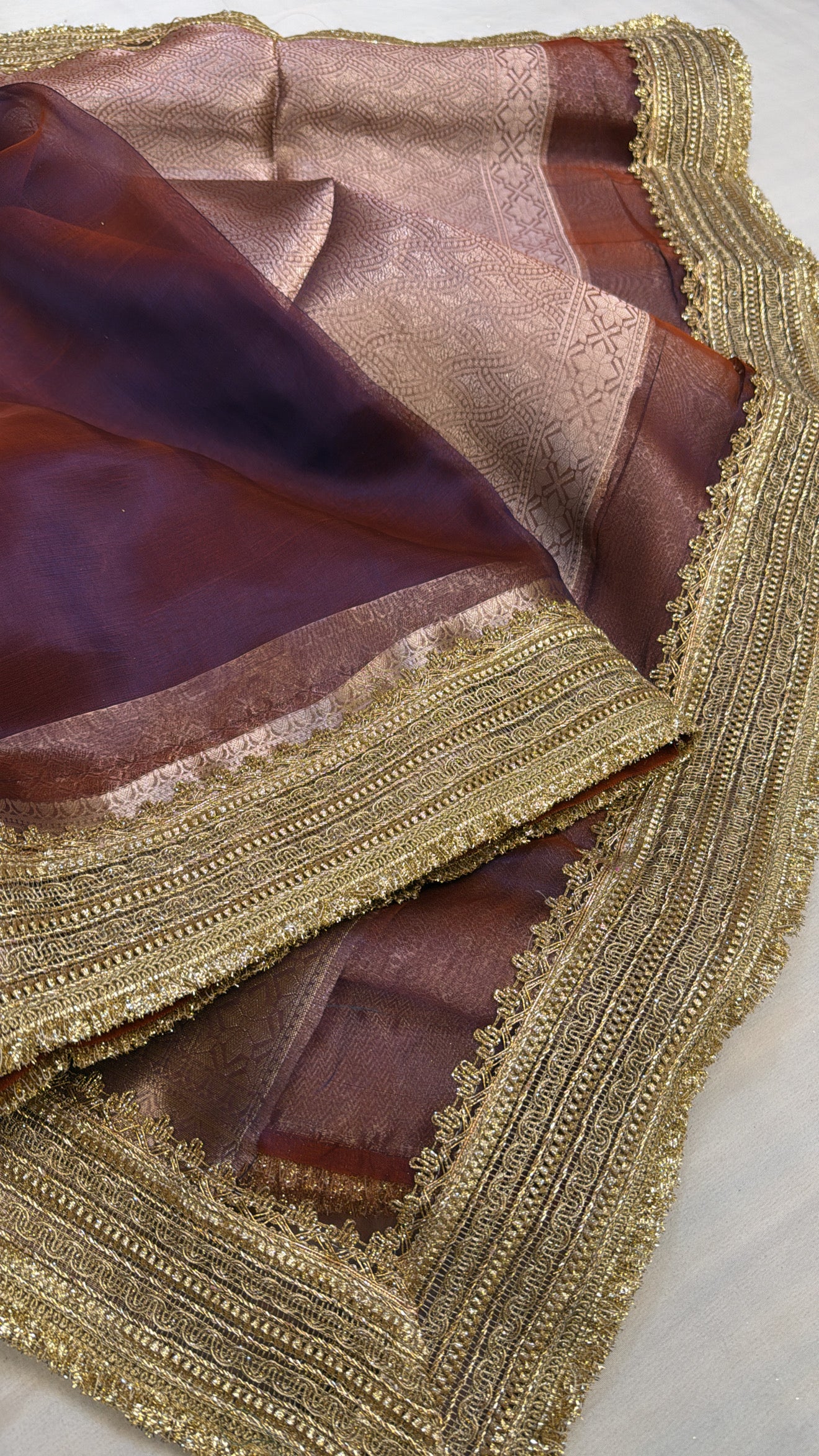 Maharani metallic purple dhup chao effect tissue silk saree