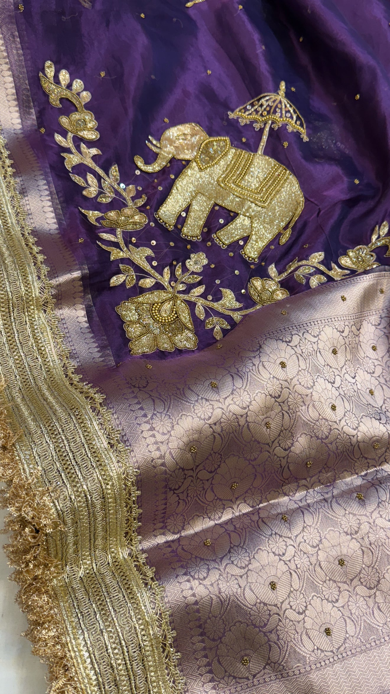Dulhan ki maa wali sarees - Midnight purple elephant motif hand embroidered saree