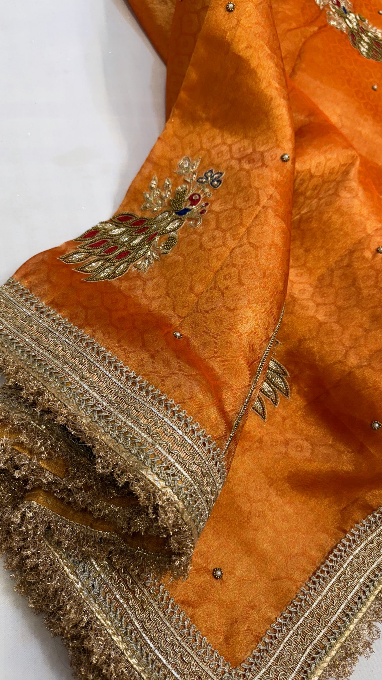Baarat wali saree - Fanta orange husn tissue silk hand embroidered saree
