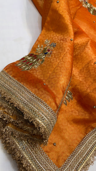 Baarat wali saree - Fanta orange husn tissue silk hand embroidered saree