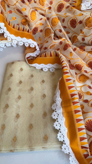 Banarasi mul cotton kadhwa meenakari Resham work hand embroidered suit set