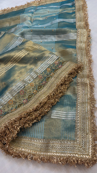 Cocktail wali saree — Water blue tissue silk striped heavy hand embroidered saree