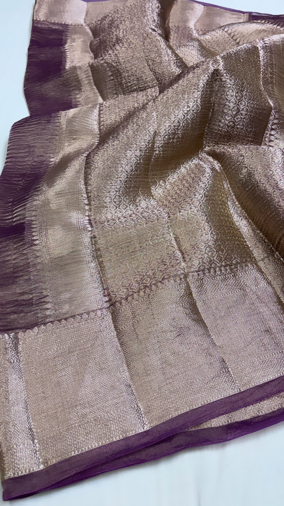 Pure banarasi purple crushed tissue silk handwoven kadhwa saree with intricate border and kadhwa blouse