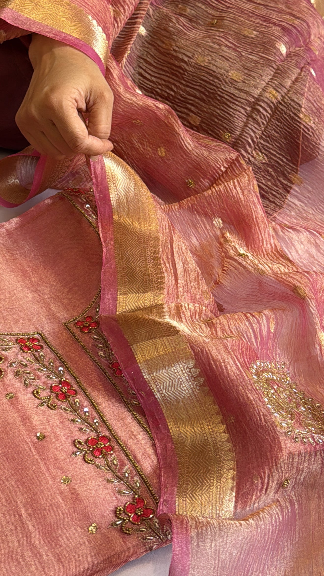 Cherry pink tissue silk hand embroidered kurta paired with crushed tissue silk duppata set
