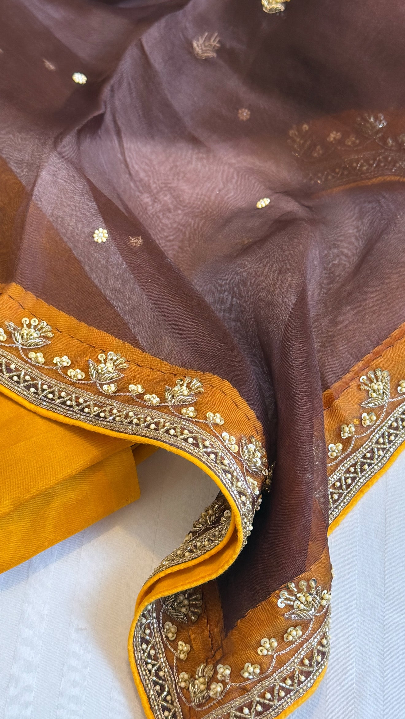 Olive mustard - brown shade katan silk hand embroidered kurta paired with kora silk zardozi duppata