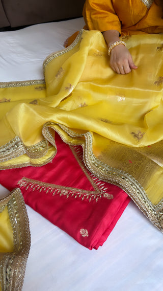 blood red-golden yellow kadhwa hand embroidered suit set from vyaah wala ghar edit