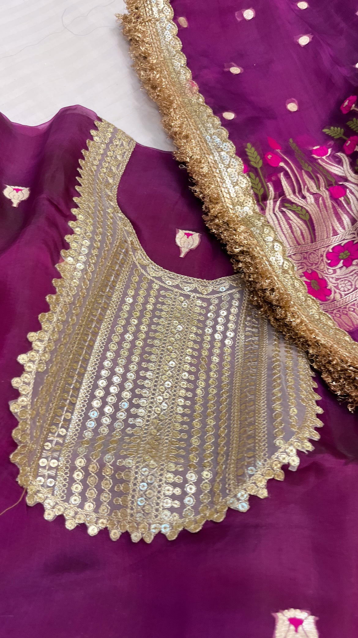 Heeramandi magenta purple tissue silk meenakari suit set