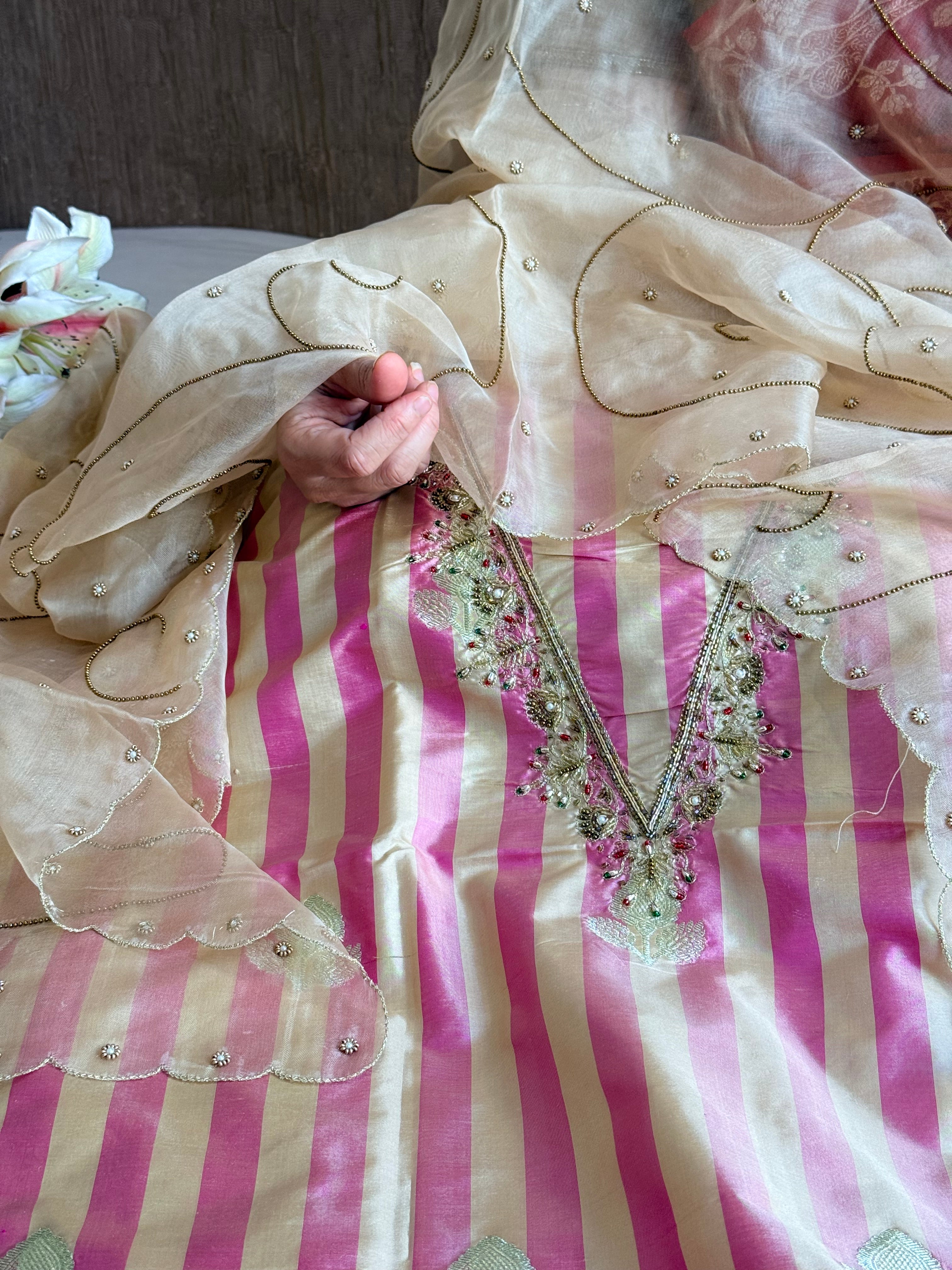 Katan silk kadhwa striped hand embroidered dhup chao effect suit set