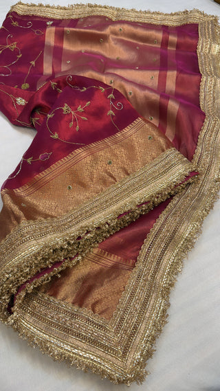 Husn chilly red tissue silk heavy hand embroidered saree