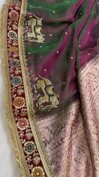 Cocktail wali sarees - Magenta pink dhup chao effect tissue silk hand embroidered saree