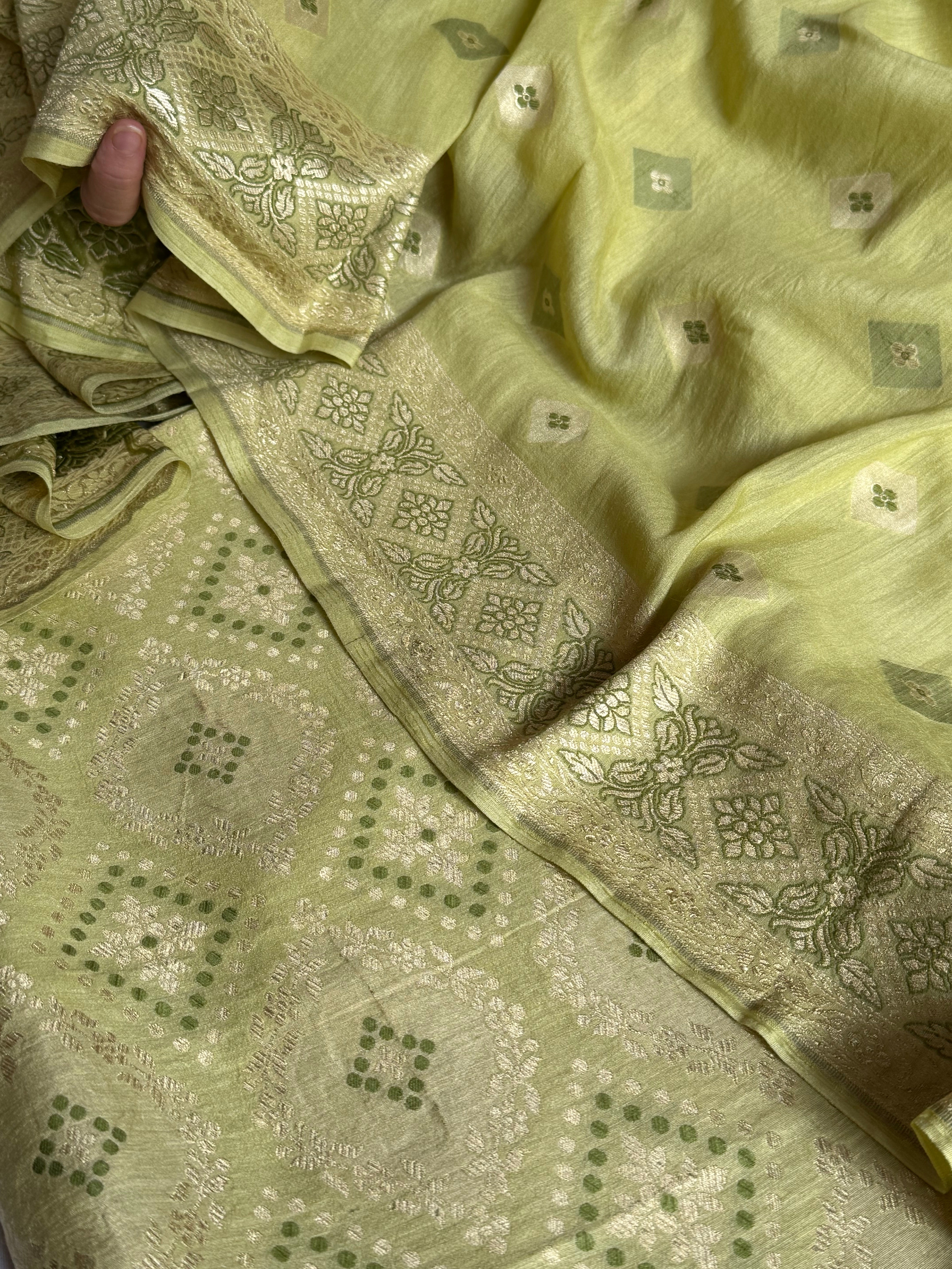 Lime green moonga silk bandhej weaving kadhwa suit set