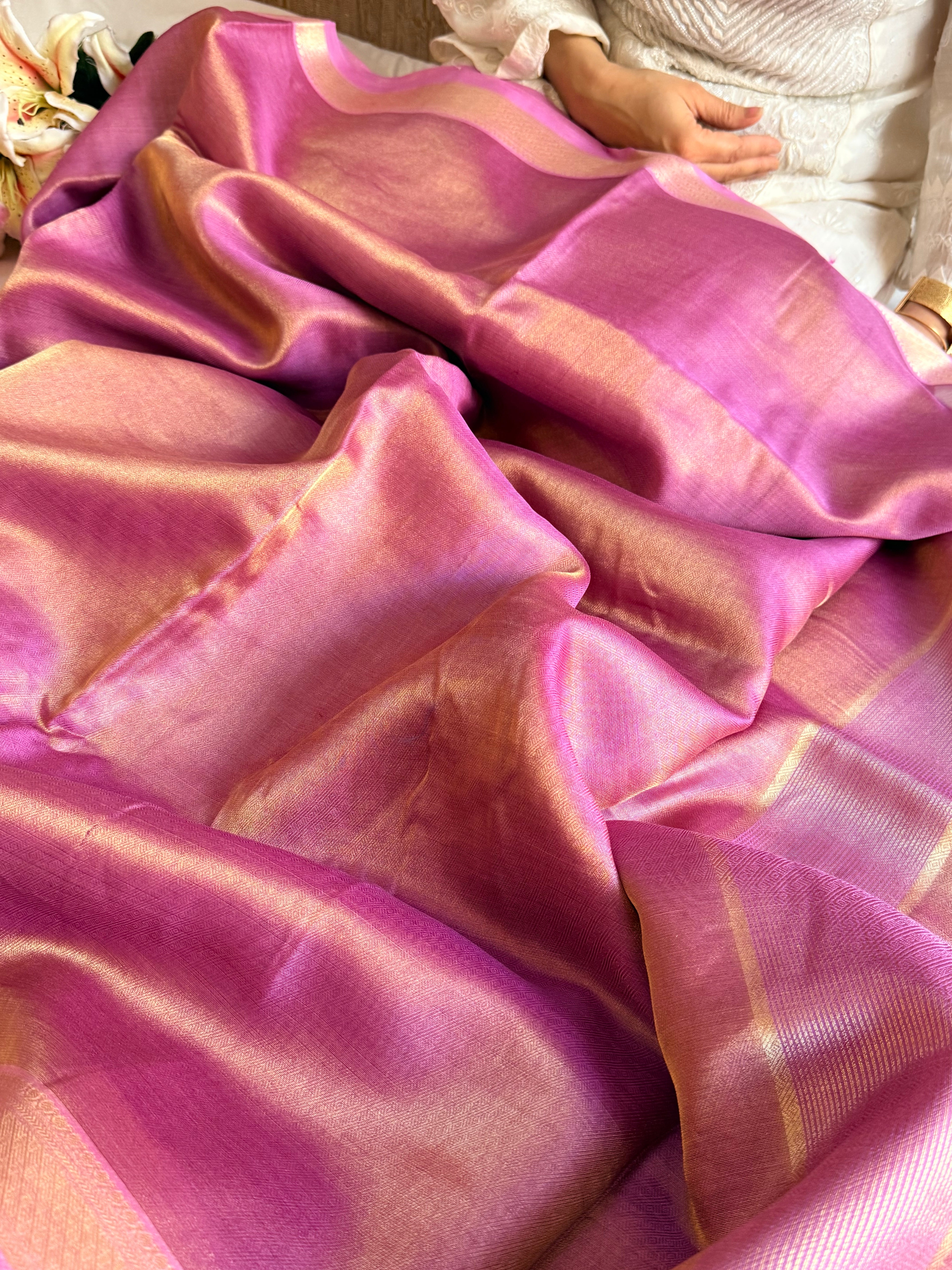 Below 10k - Banarasi pashmina tissue gorgette soft silk kadhwa border saree