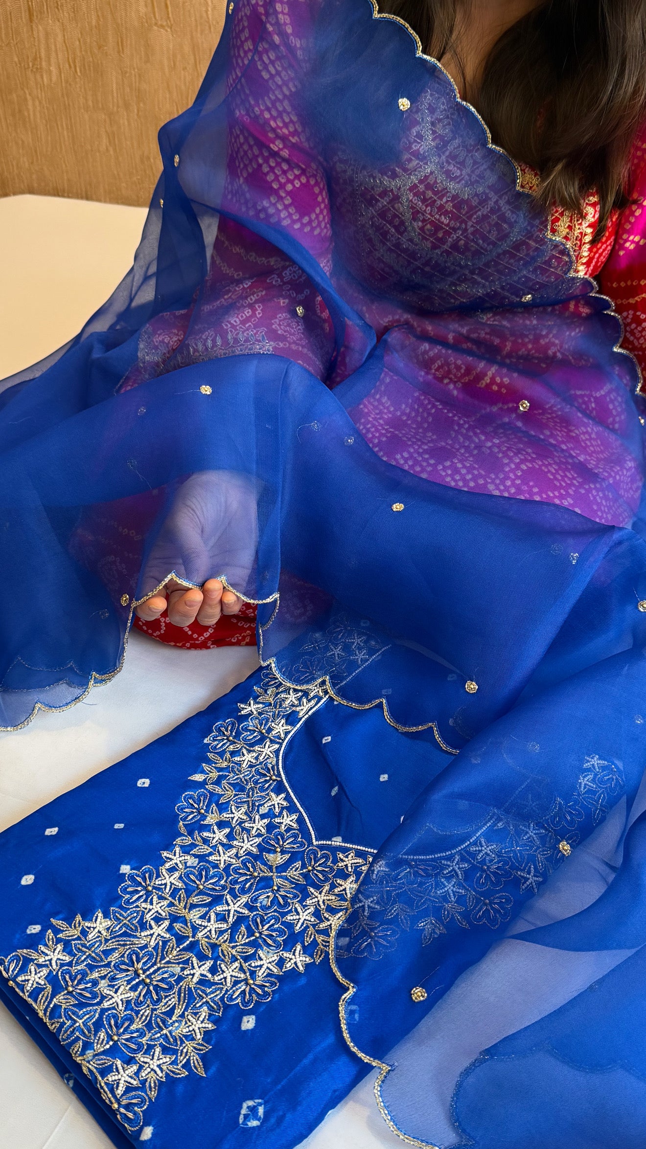 Electric blue raw mango bandhej hand embroidered kadhwa suit set