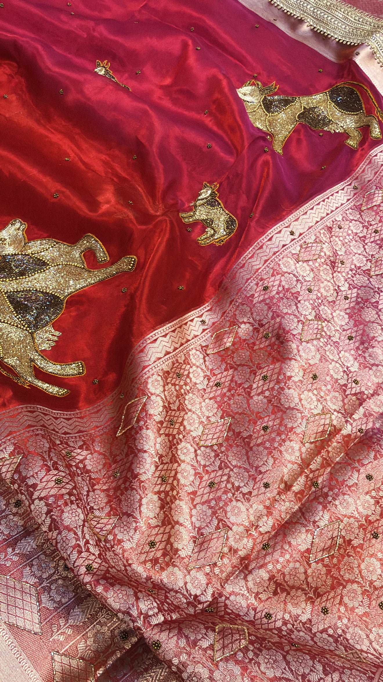 Red special - Husn hot red nandi motif tissue silk hand embroidered kadhwa saree