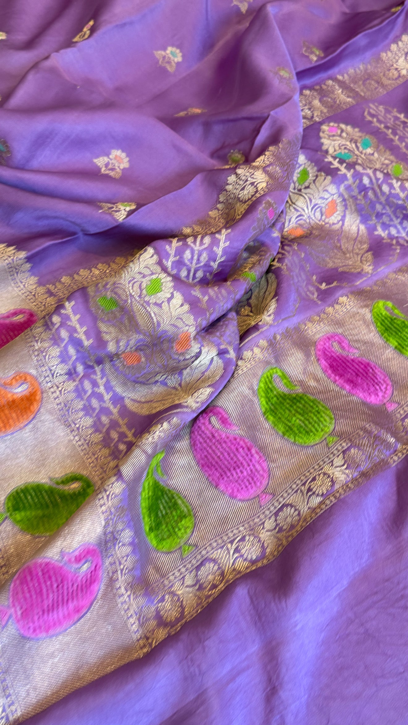 Soft lavender banarasi mashru silk velvet buti kadhwa weaving saree