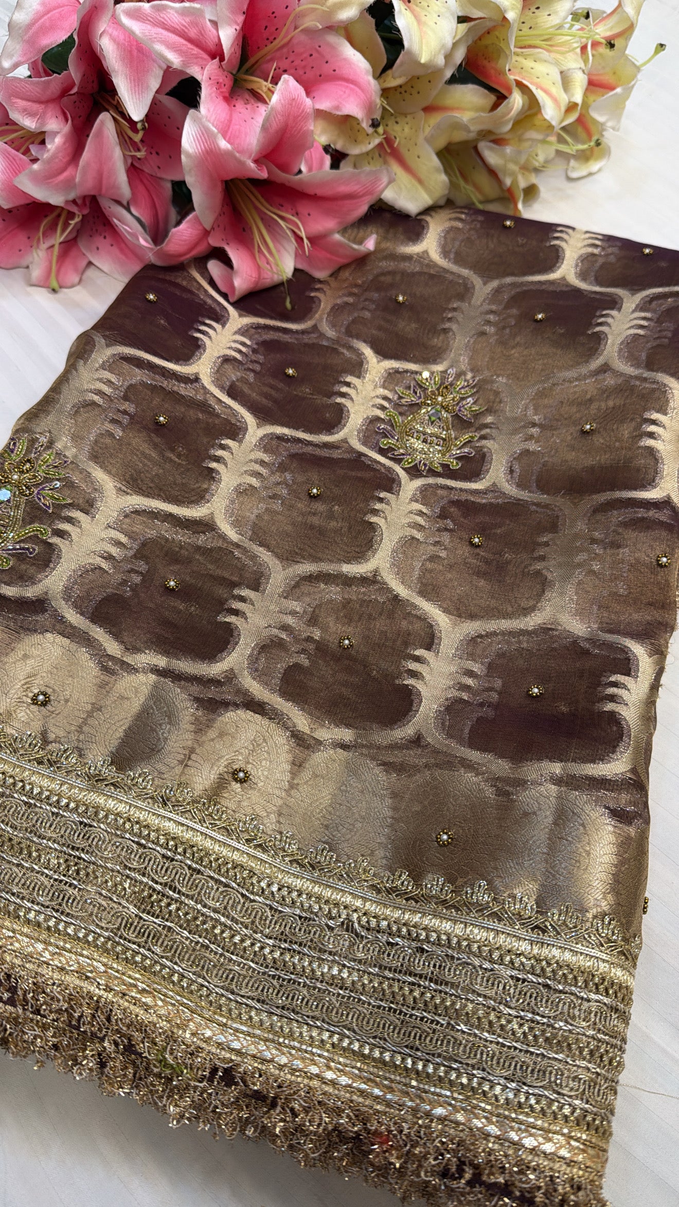 Wedding edit - Husn rose brown tissue silk kadhwa jungla hand embroidered saree