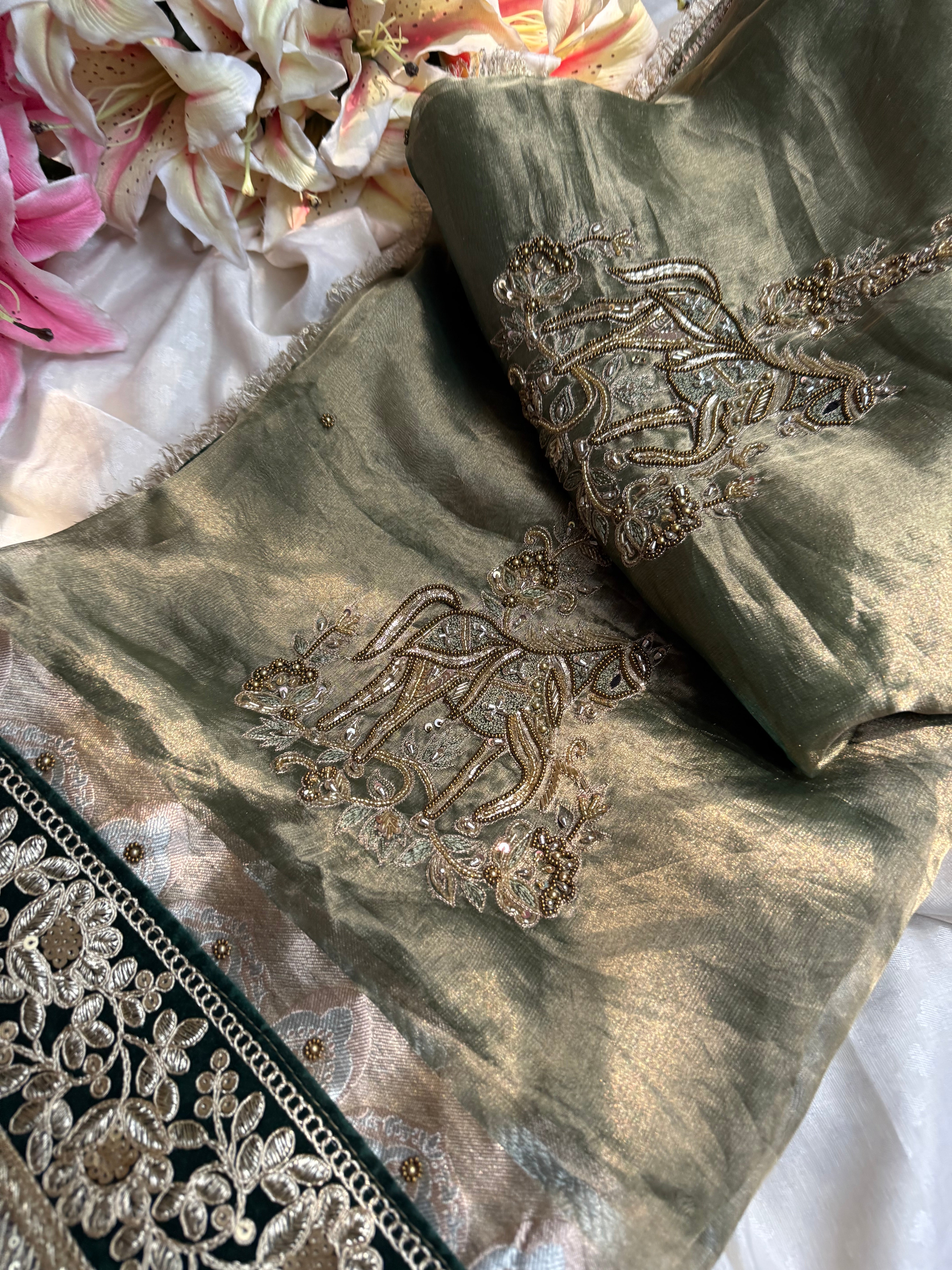 सुनहरा घोड़ा-  Royal horse motif tissue silk mint green hand embroidered saree