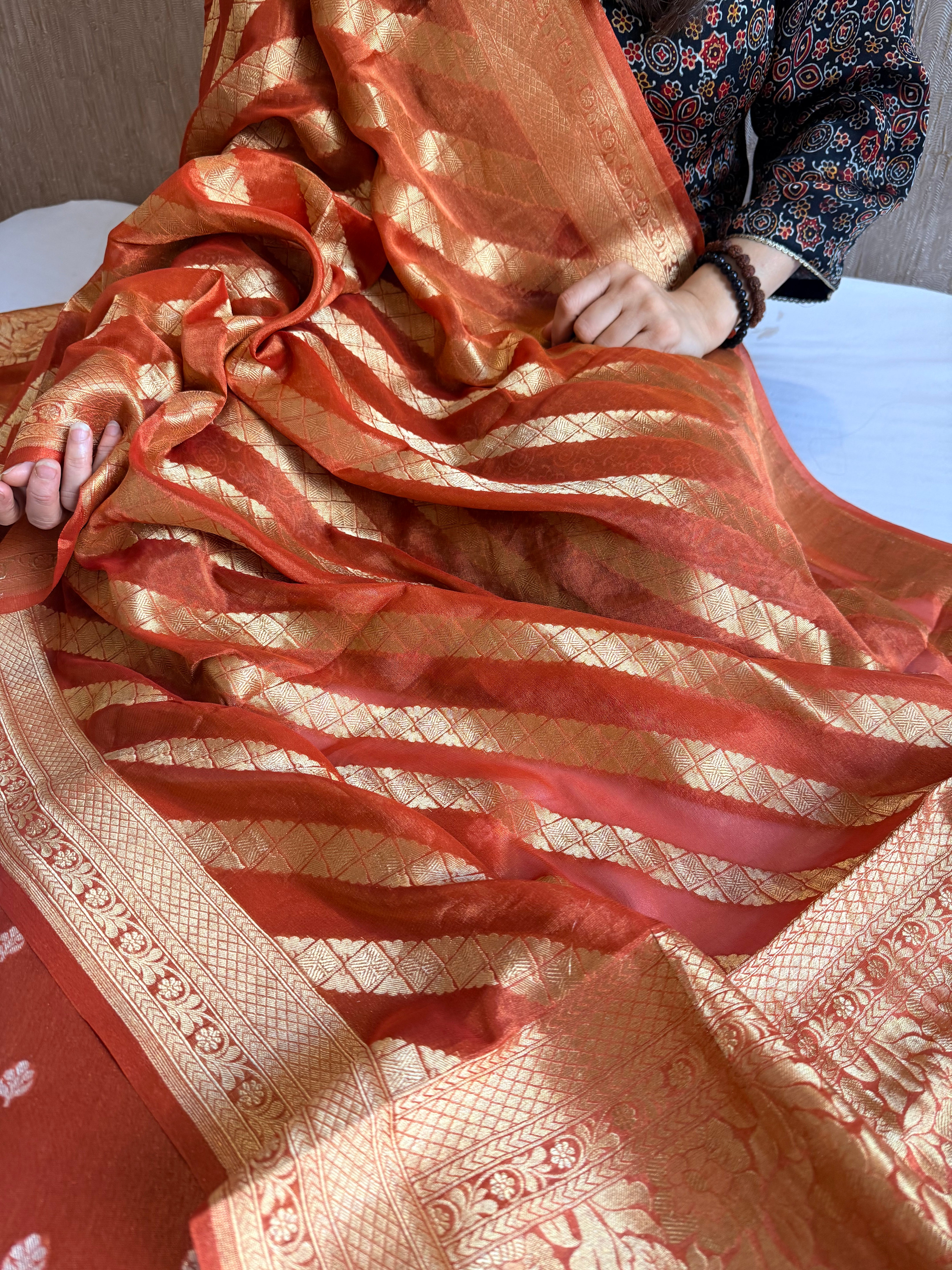 Rust orange tissue gorgette kadhwa buti banarasi suit set