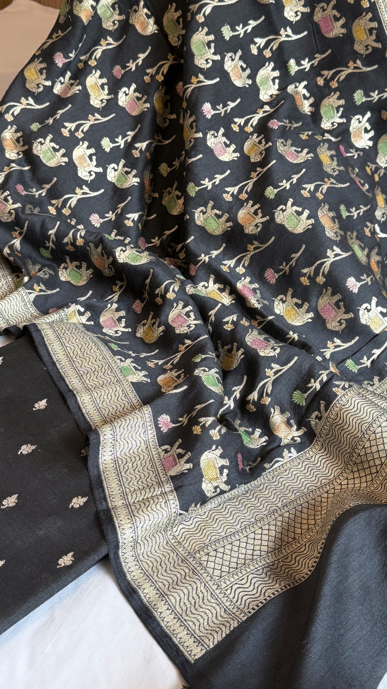 Black moonga silk elephant motif kadhwa weaving suit set