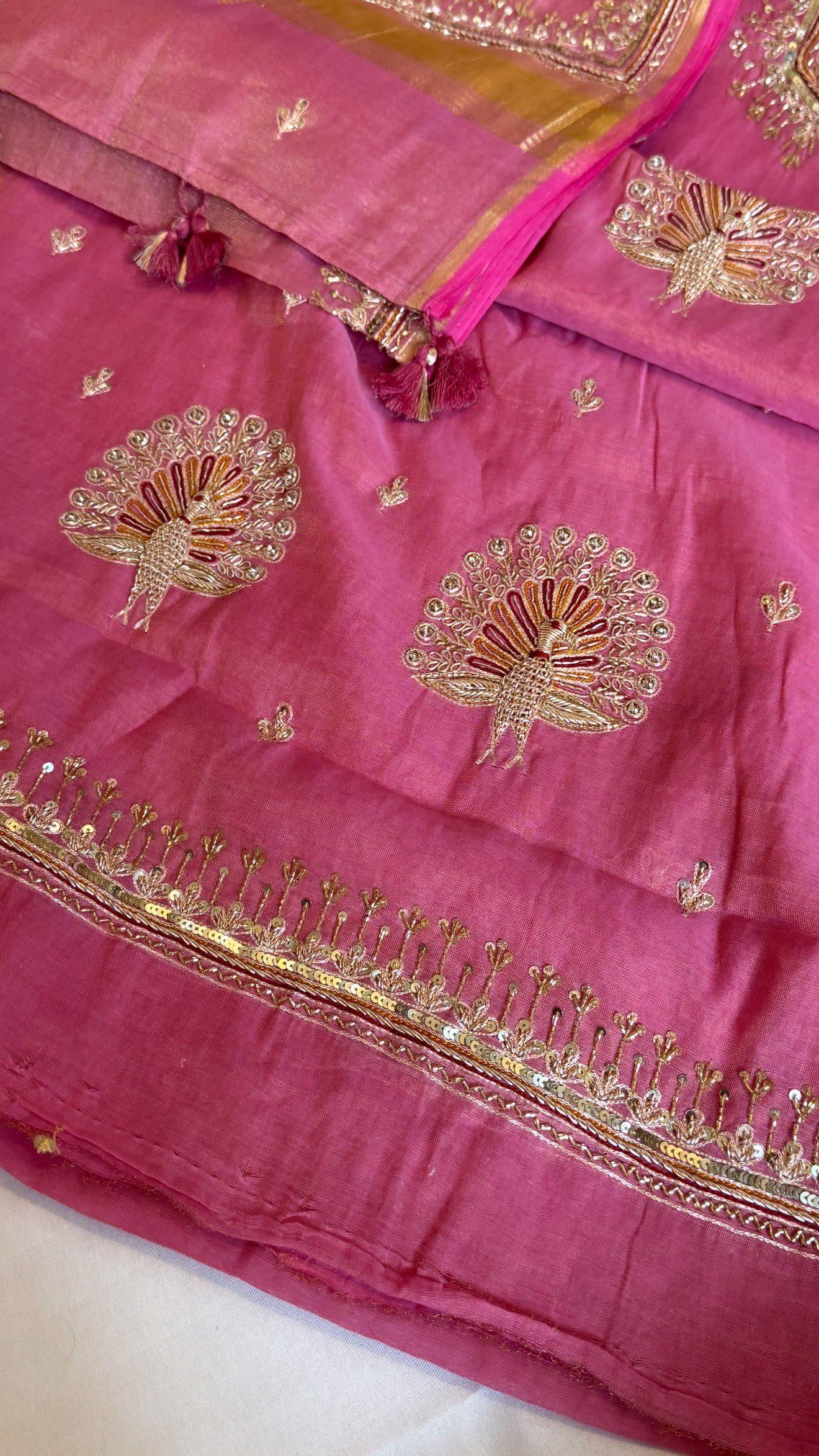 Candy pink mul cotton tissue silk hand embroidered kadhwa suit set