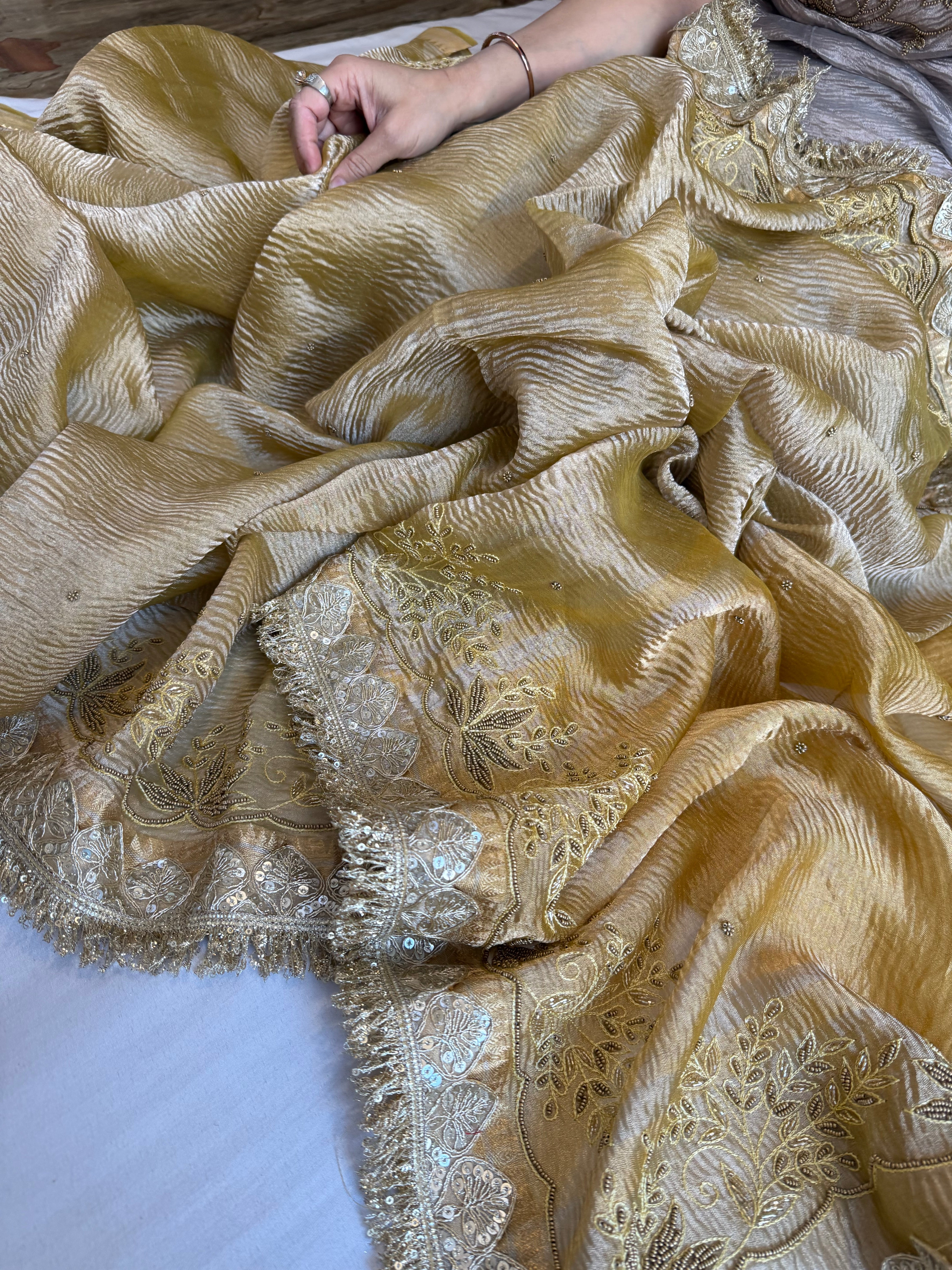 Olive gold crushed tissue silk hand embroidered kadhwa saree