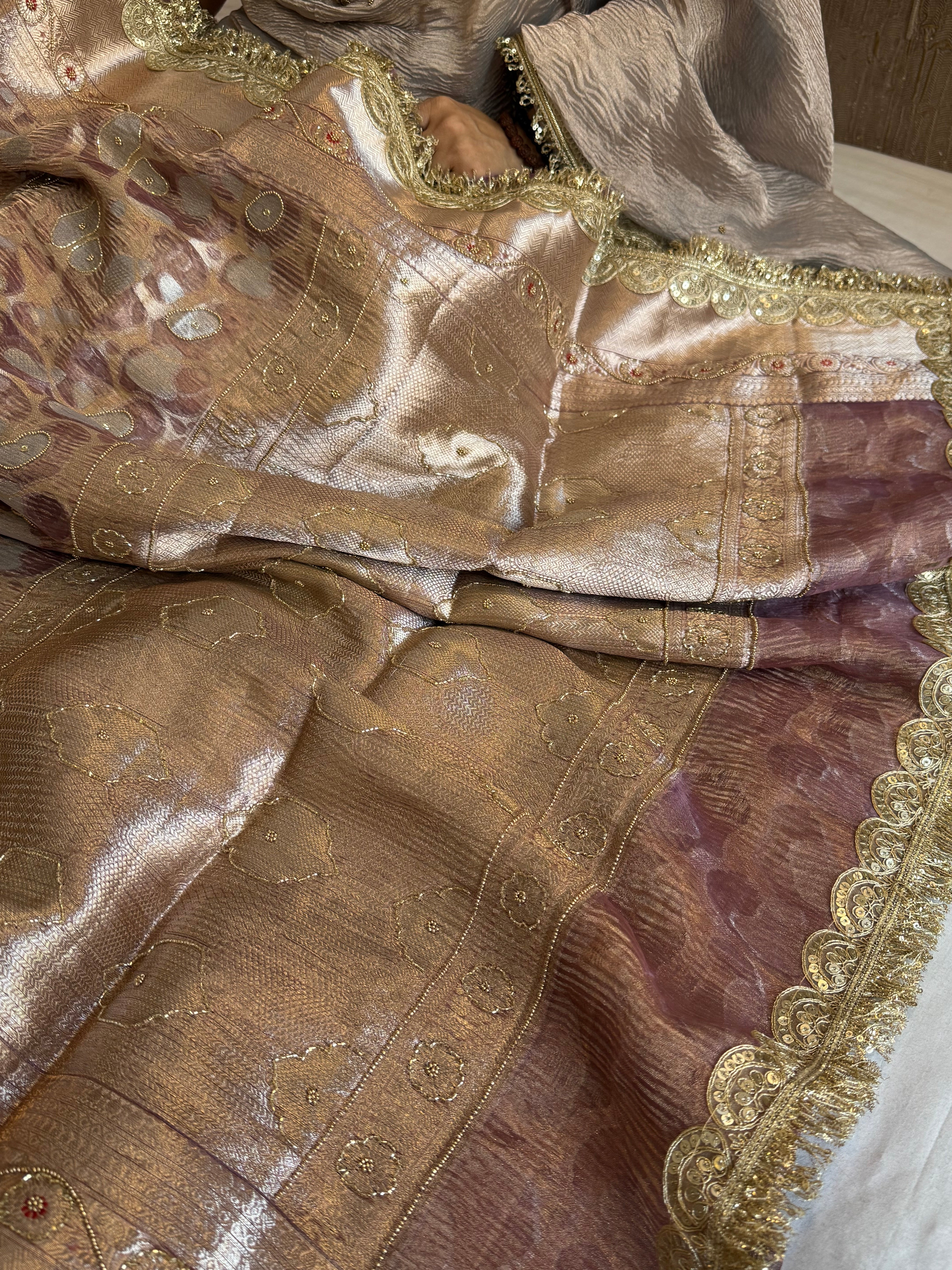 Mehfil sona rupa crushed tissue silk hand embroidered kadhwa saree