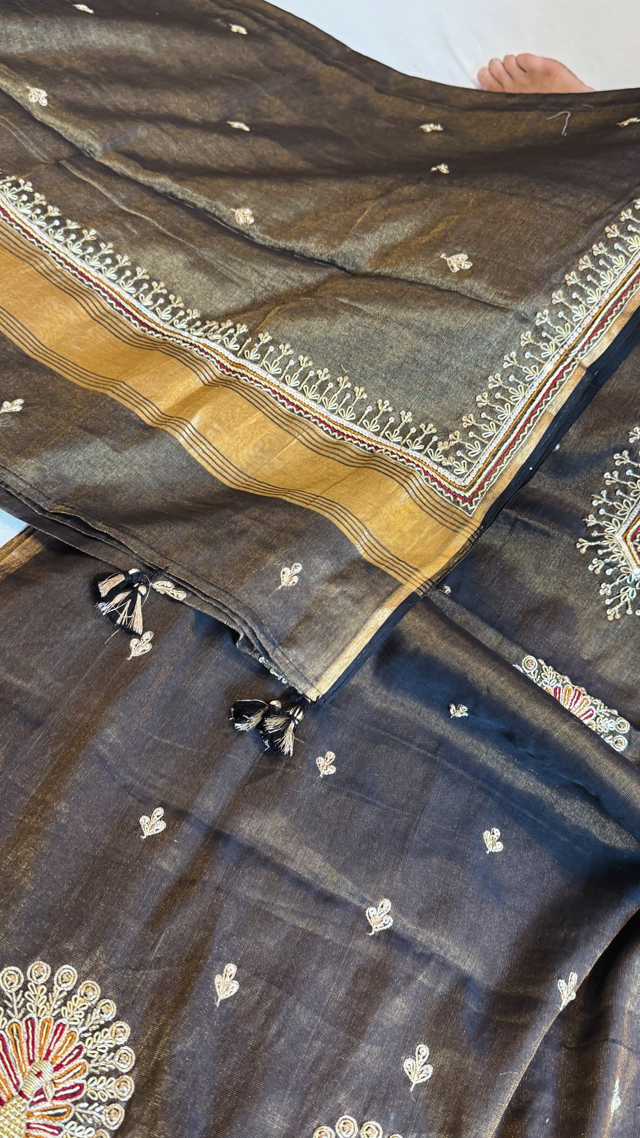 Metallic black mul cotton tissue silk hand embroidered kadhwa suit sets