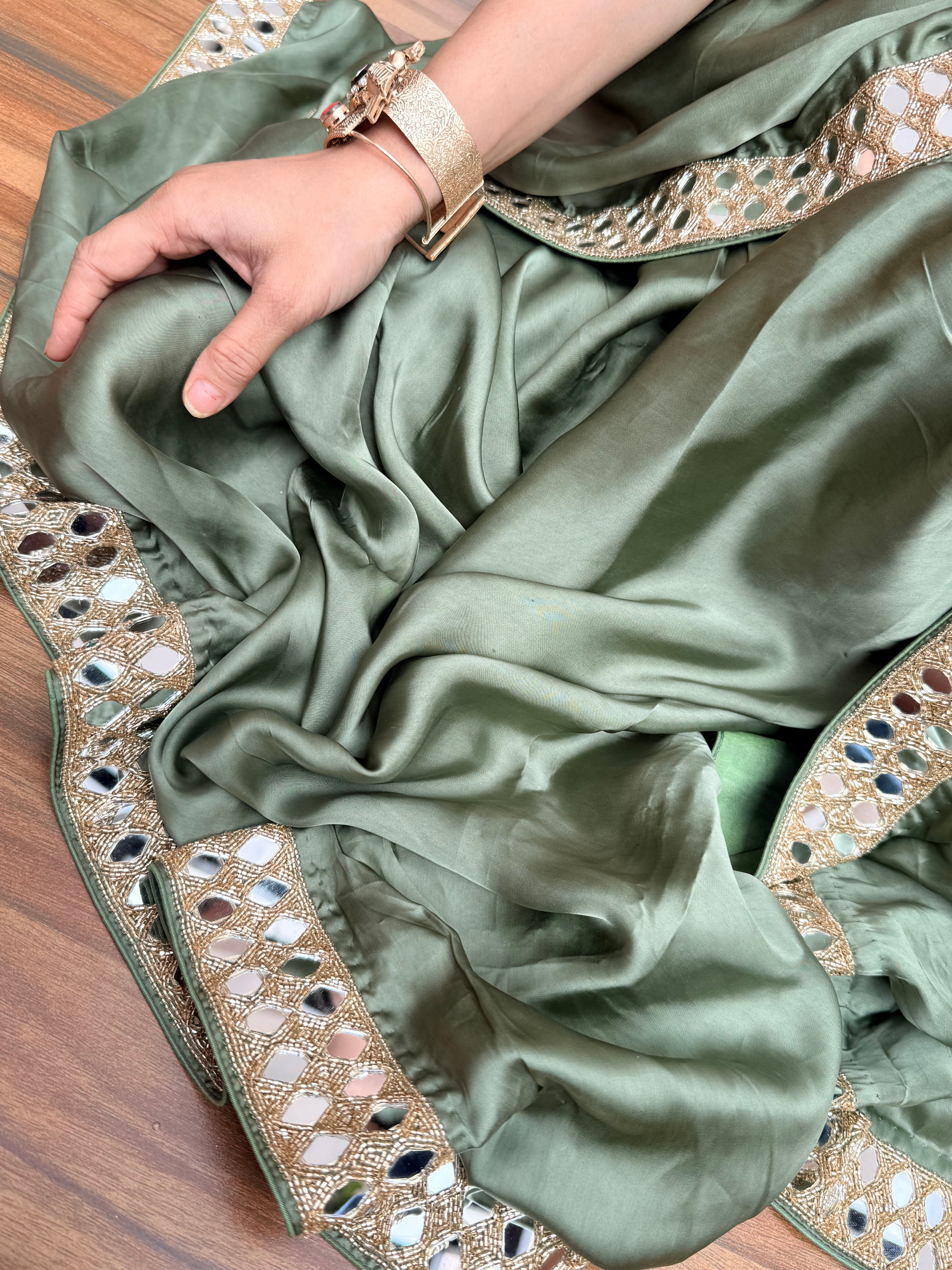 Tyohaar edit - Olive green mashru satin silk mirrorwork kadhwa saree