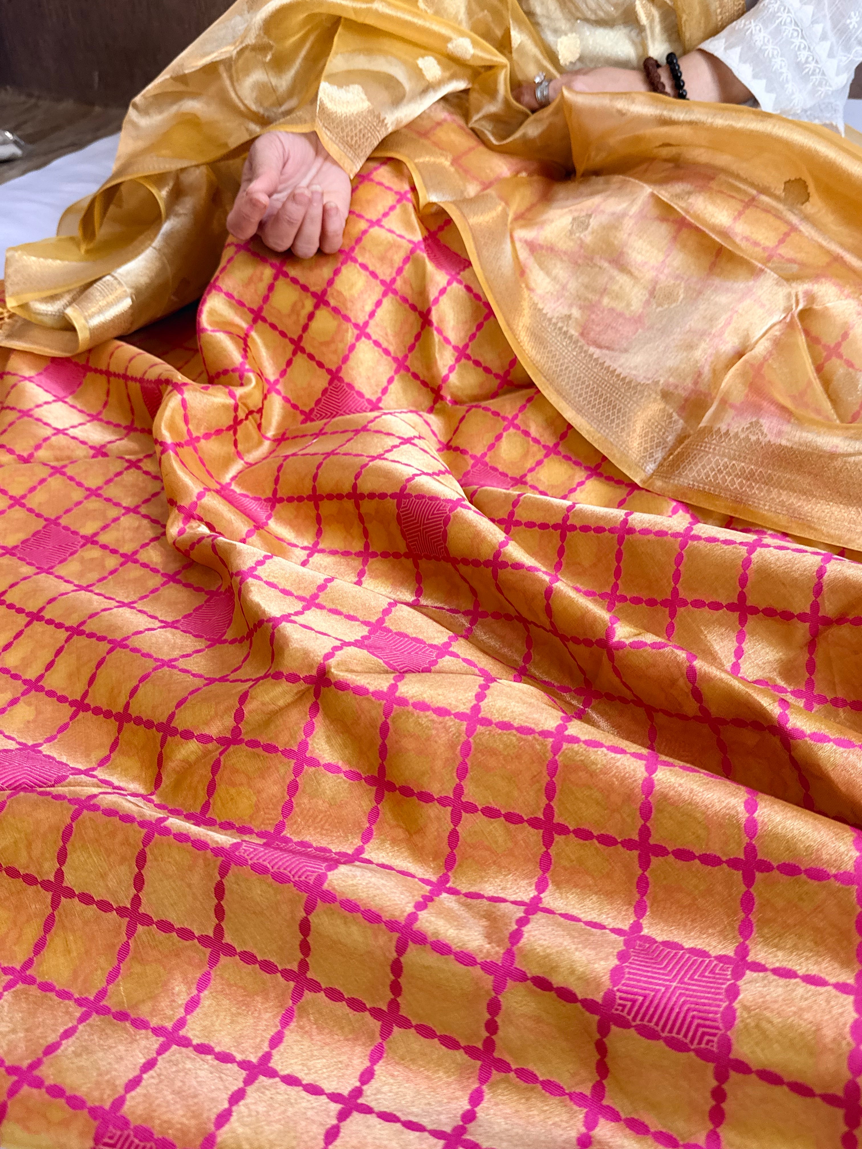 Below 10k - Haldi yellow tissue silk meenakari weaving suit set