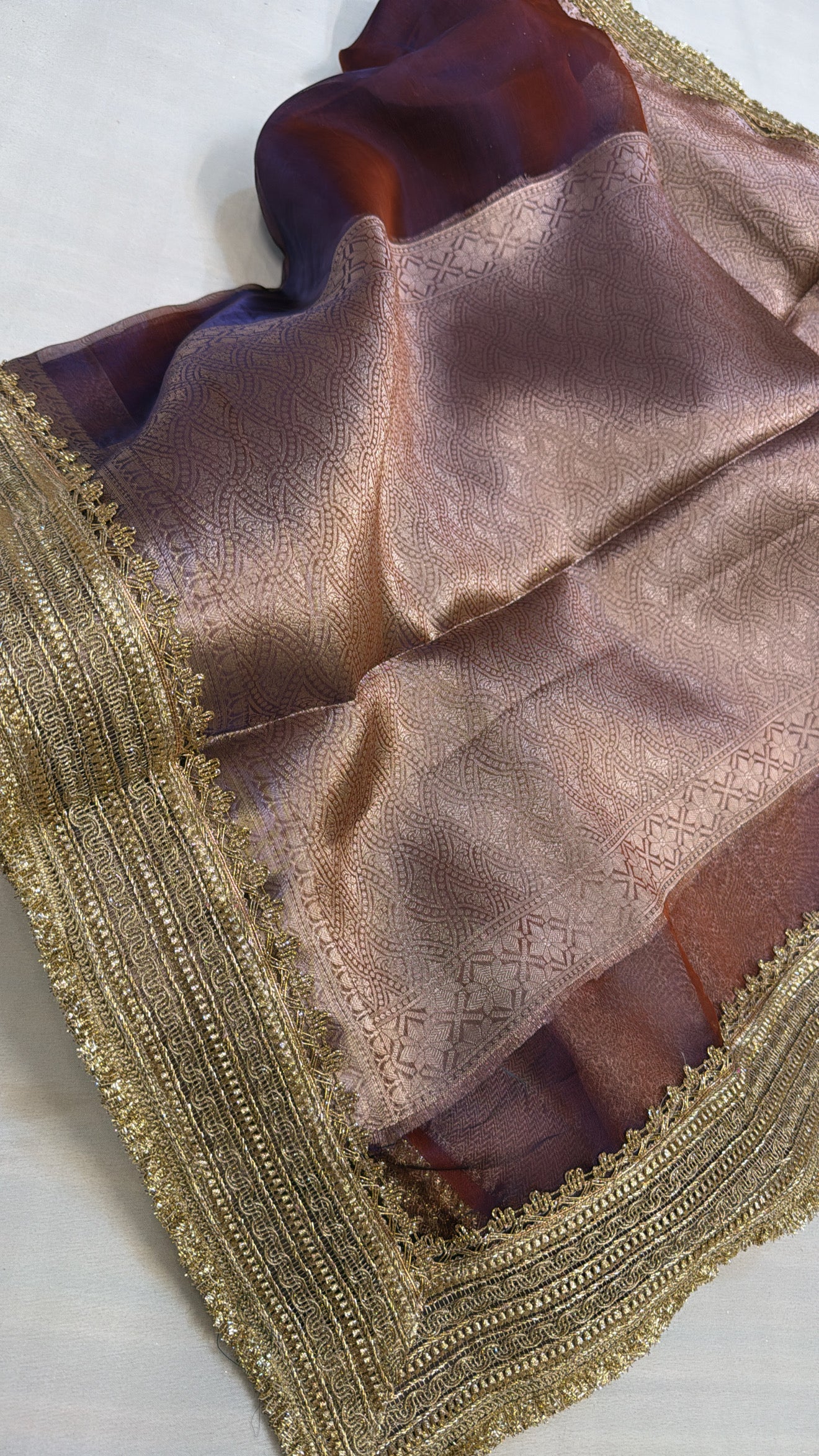 Maharani metallic purple dhup chao effect tissue silk saree