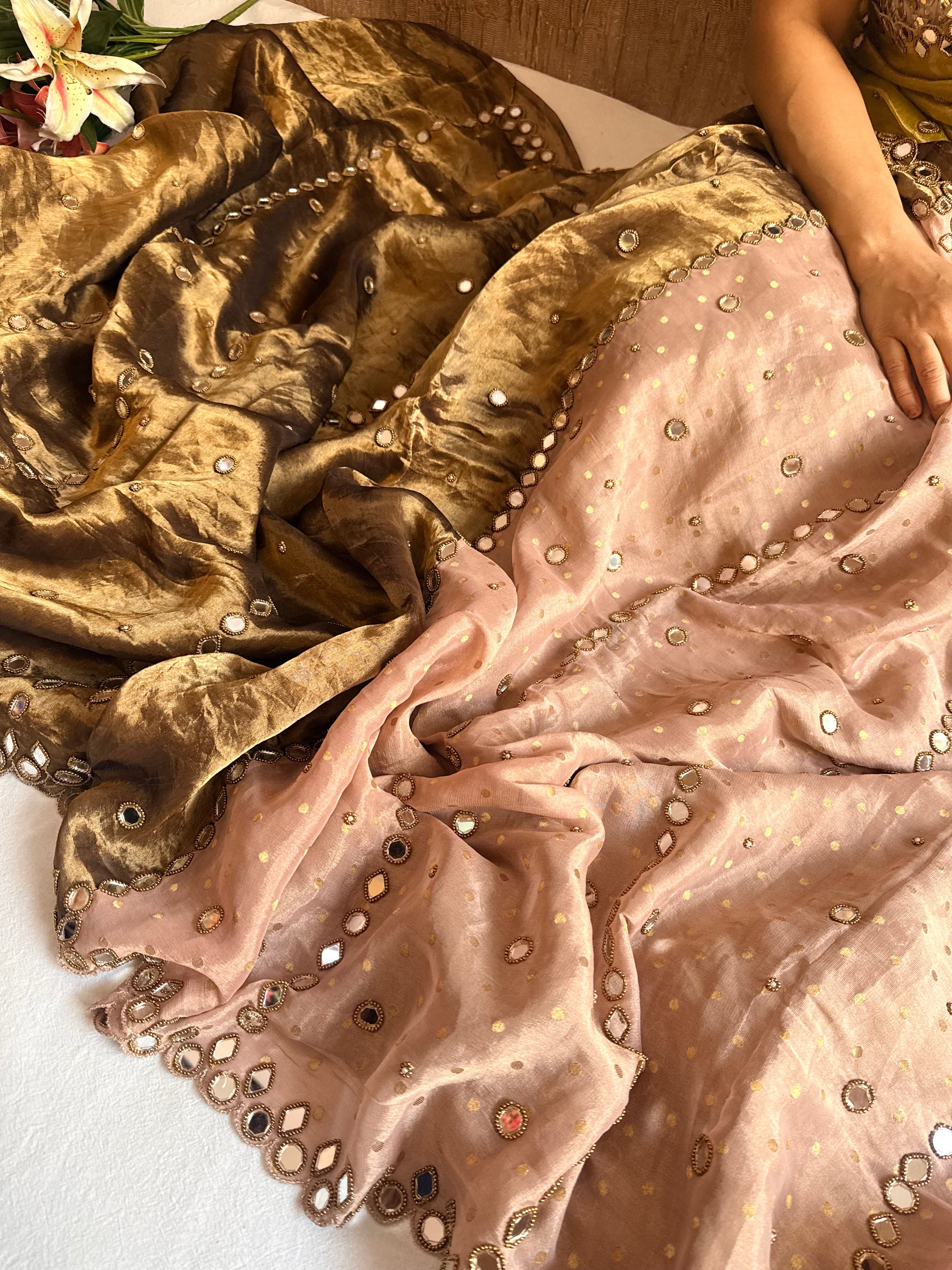 Tyohaar edit - Chiffon tissue gorgette mirrorwork half-half kafhwa buti saree