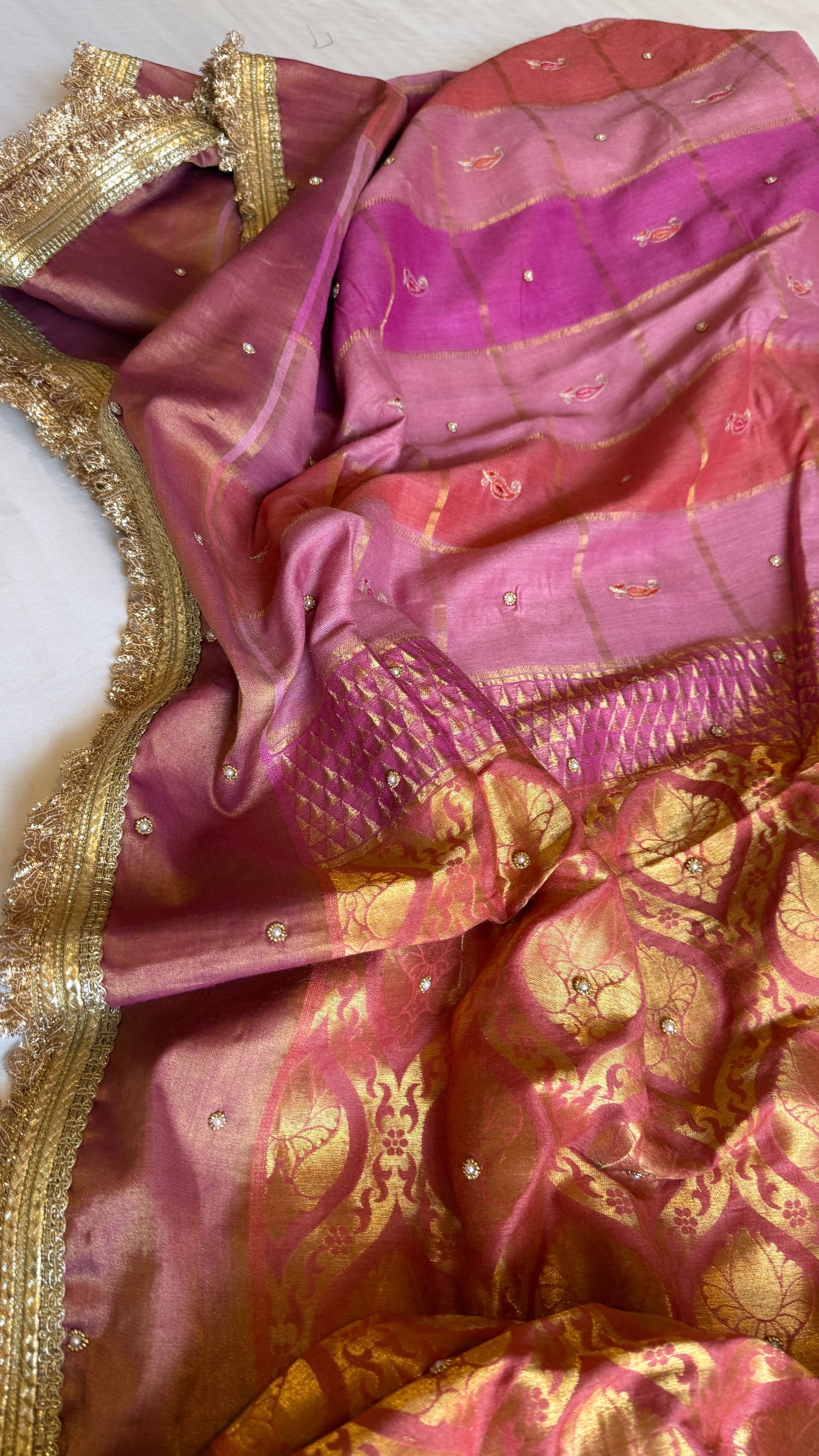 Moonga silk rangkaat kadhwa hand embroidered saree