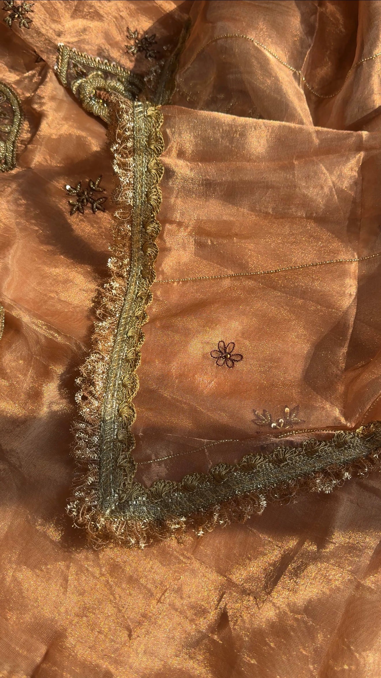 Pakeeza inspired copper tissue silk heavy zardozi work suit set