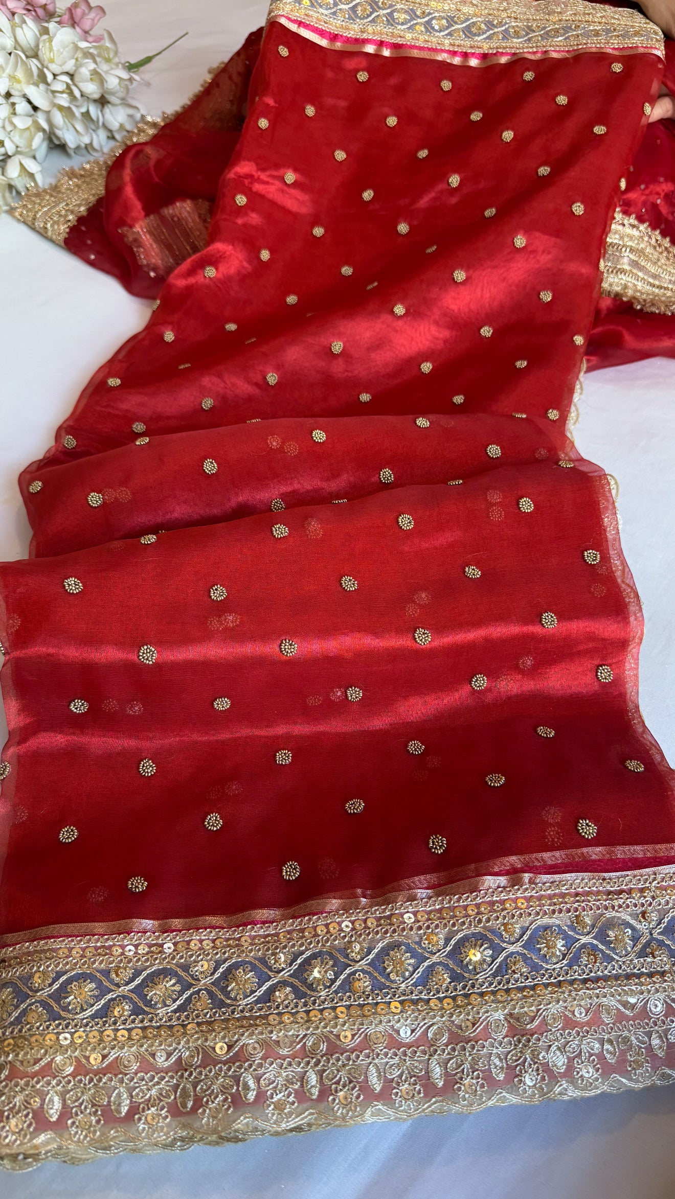 Maharani chunri buti hand embroidered kadhwa tissue silk saree