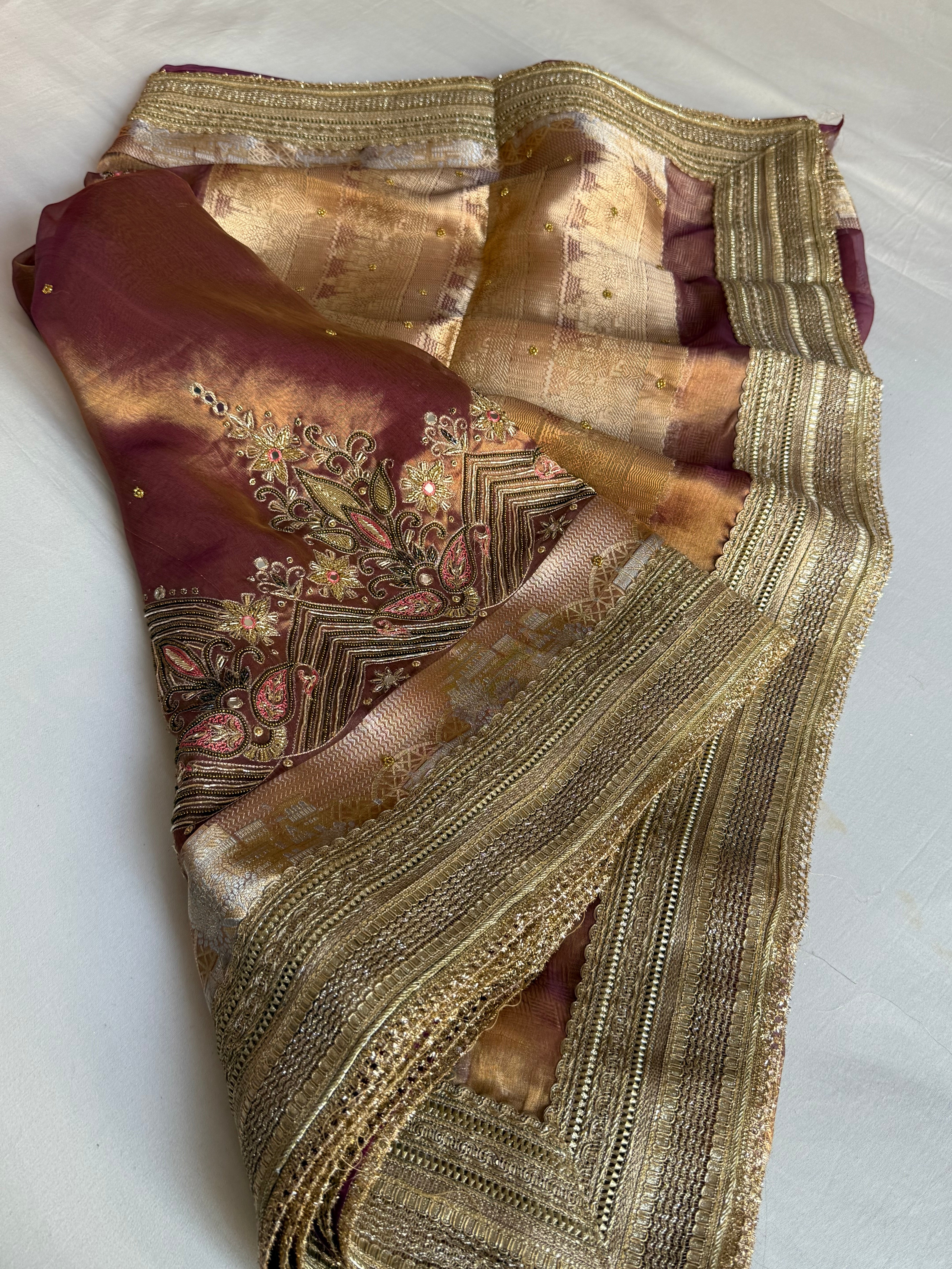 Mughal motif inspired- Kanjivaram purple dhup chao effect husn tissue silk hand embroidered saree