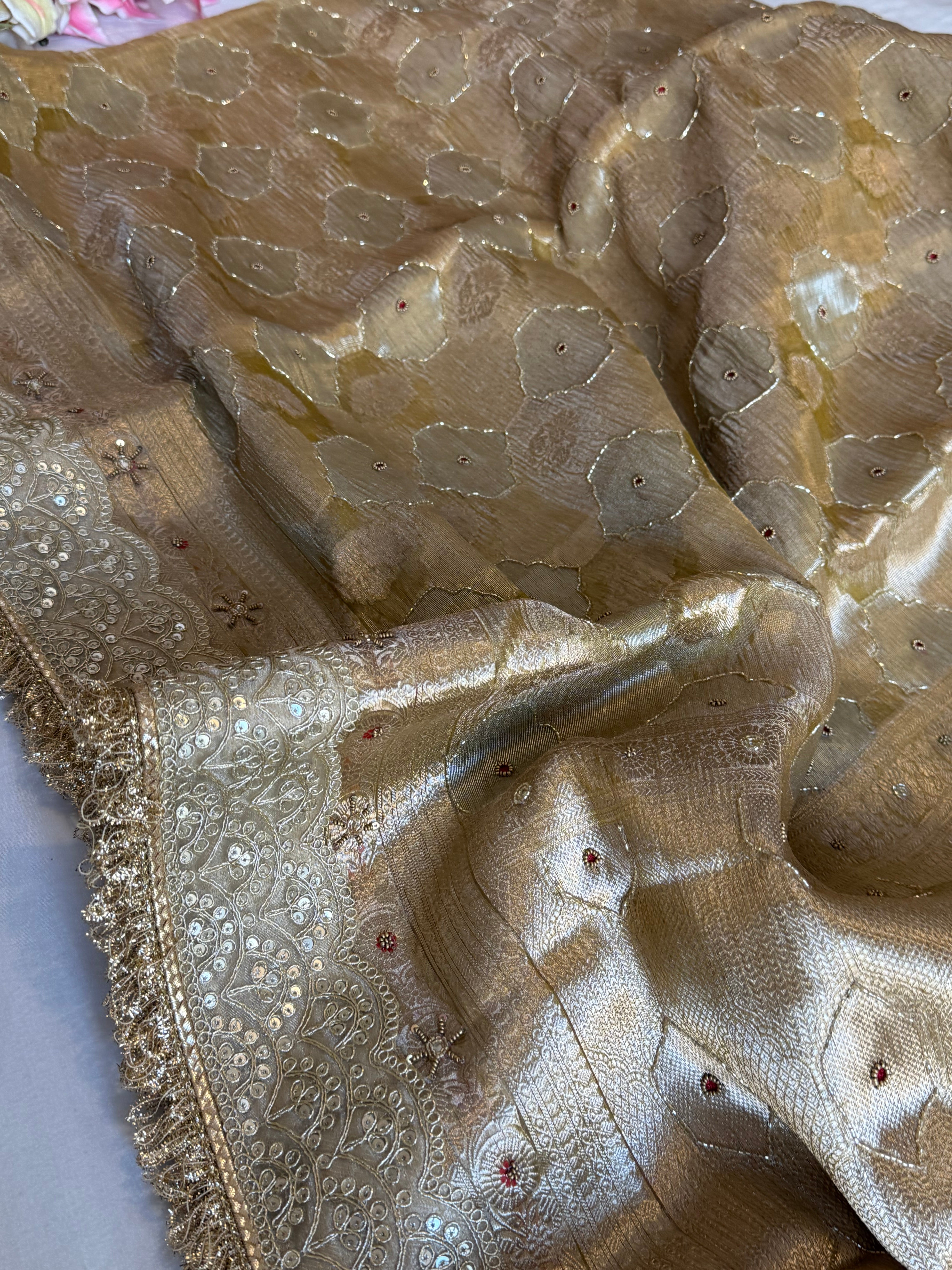 Mughalai jaal crushed tissue silk hand embroidered kadhwa dusty golden saree