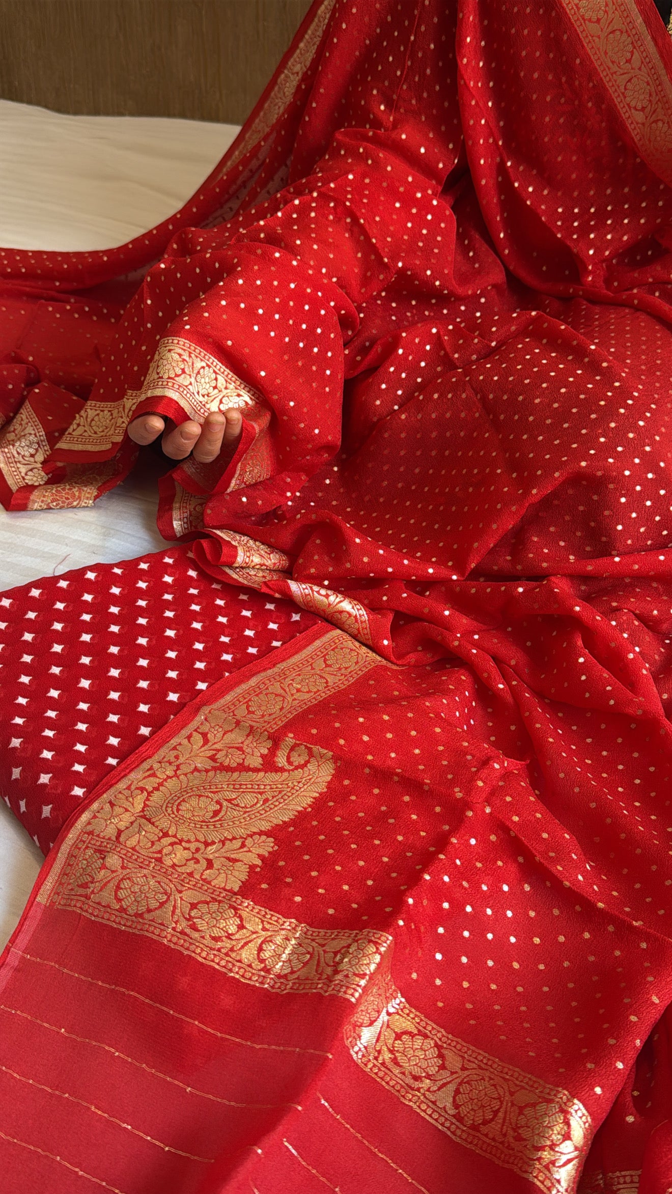 Vivah edit - Red chiffon gorgette chunri buti kadhwa banarasi suit set