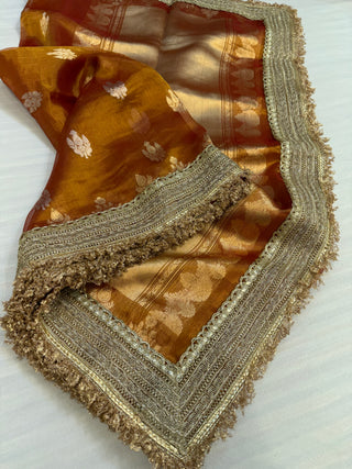 Rust orange maharani tissue silk kadhwa saree