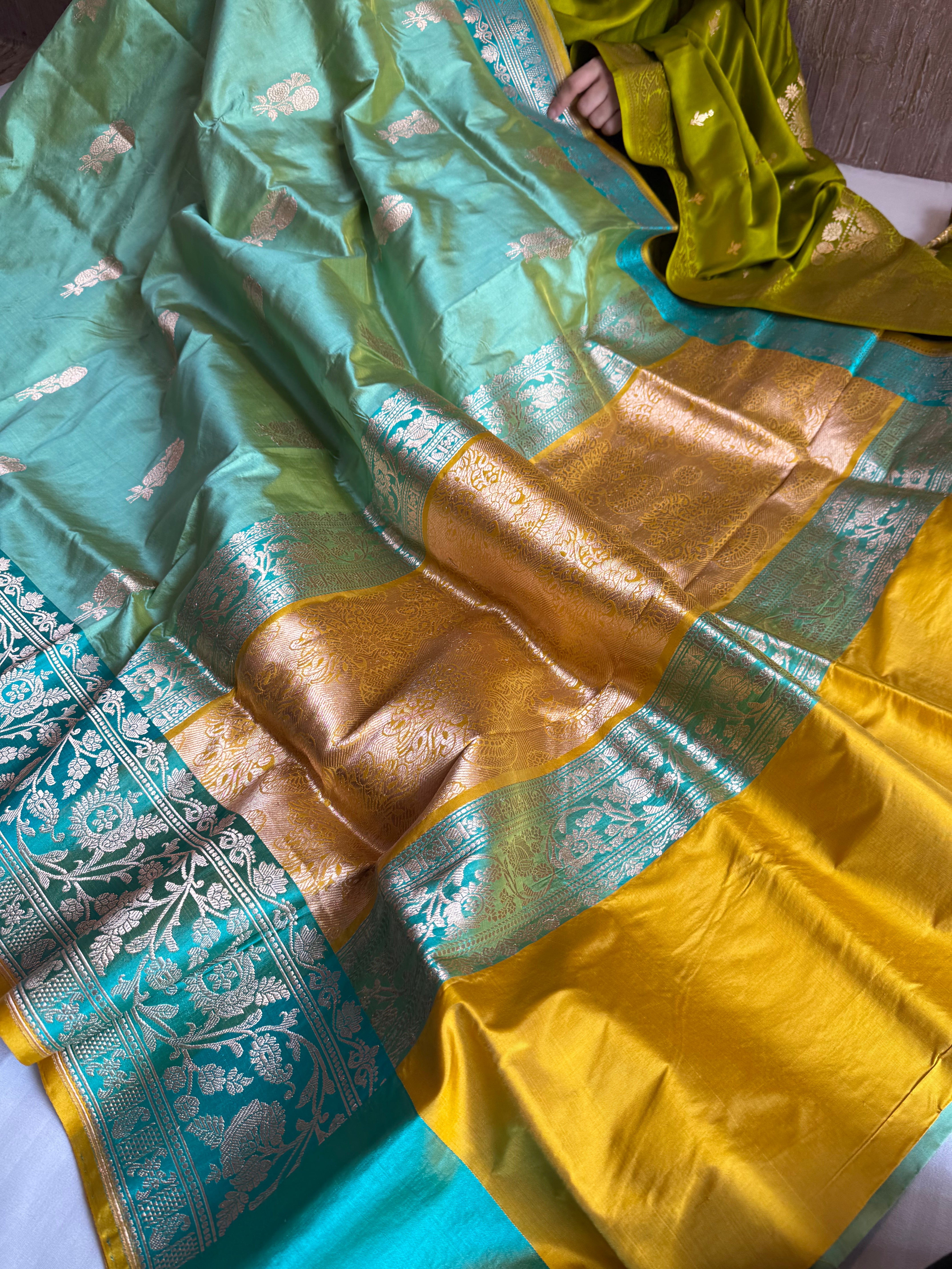 Firozi blue-olive gold contrast combination katan silk kadhwa saree