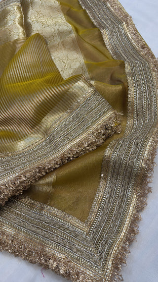 Maharani olive gold striped tissue silk saree