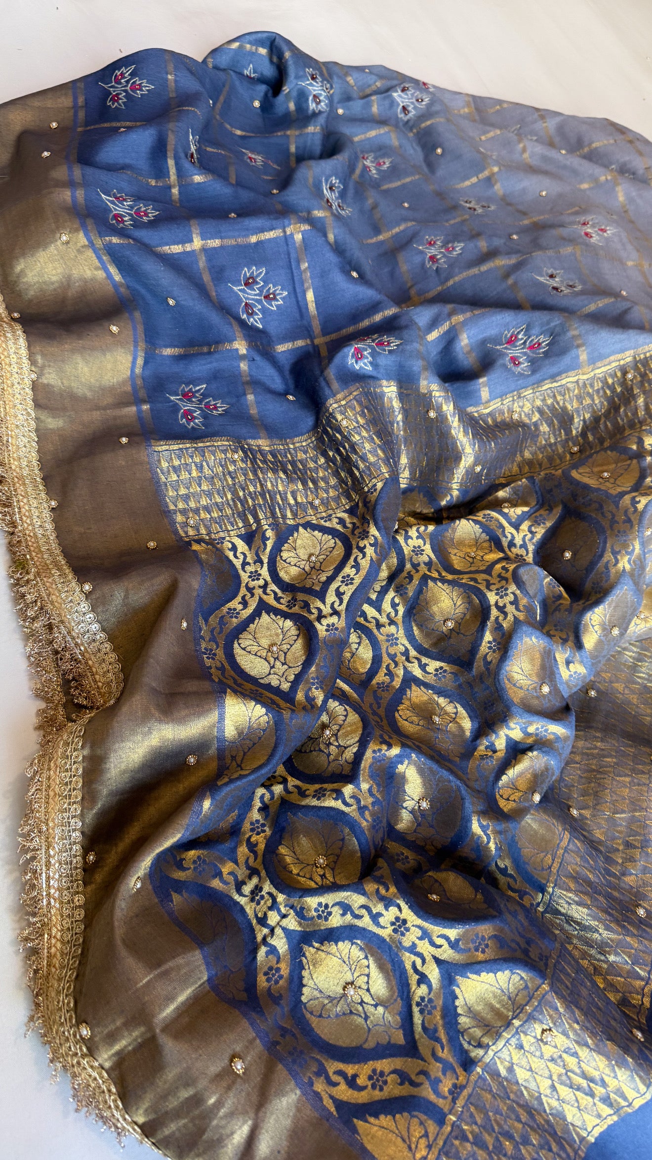 Mastani edit - Aqua blue ombre shaded moonga silk kadhwa hand embroidered saree