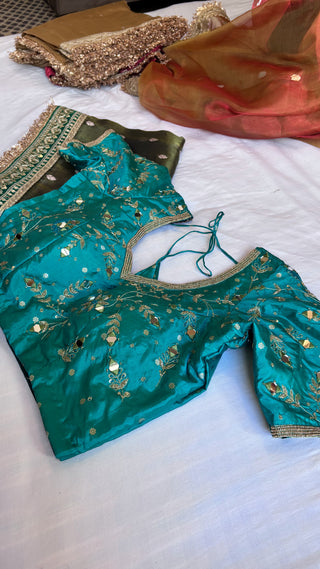 Sitara teal blue stitched hand embroidered blouse piece                SIZE - 36 to 38