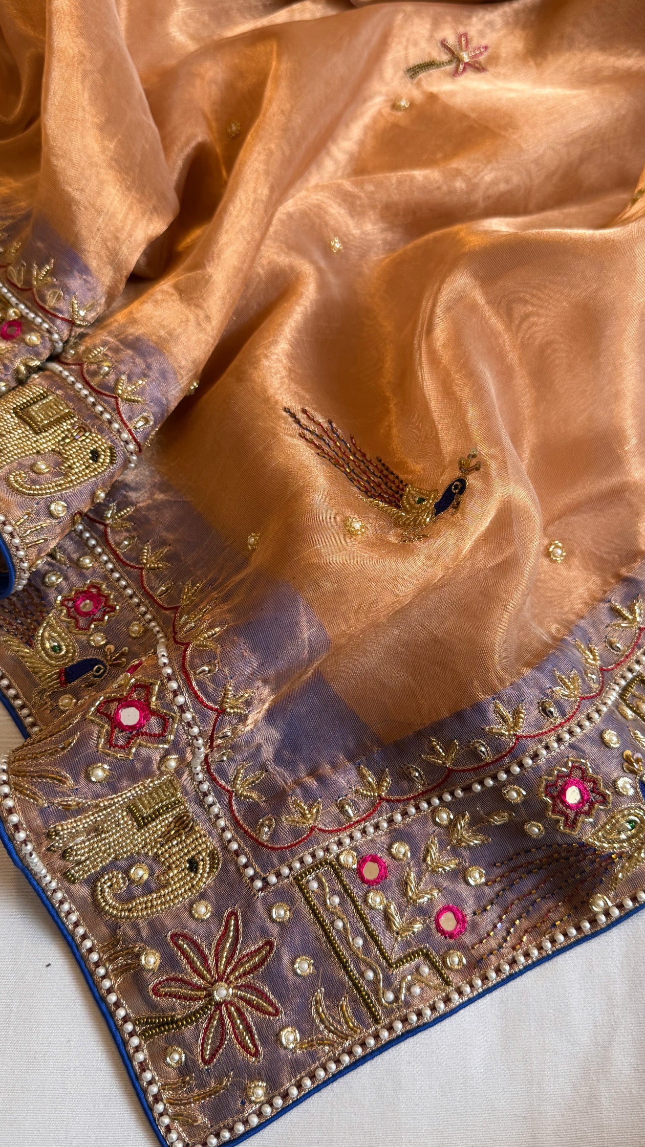 Sheeshmahal shikargah edit - Rose gold tissue silk hand embroidered elephant motif border kadhwa saree