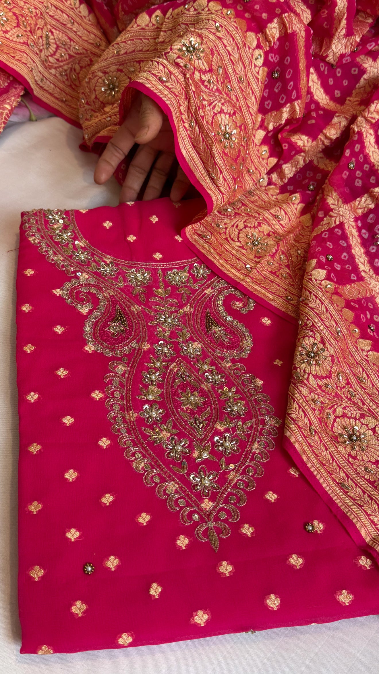 Hot fuschia pink rai bandhej Banarasi gorgette kadhwa hand embroidered suit set
