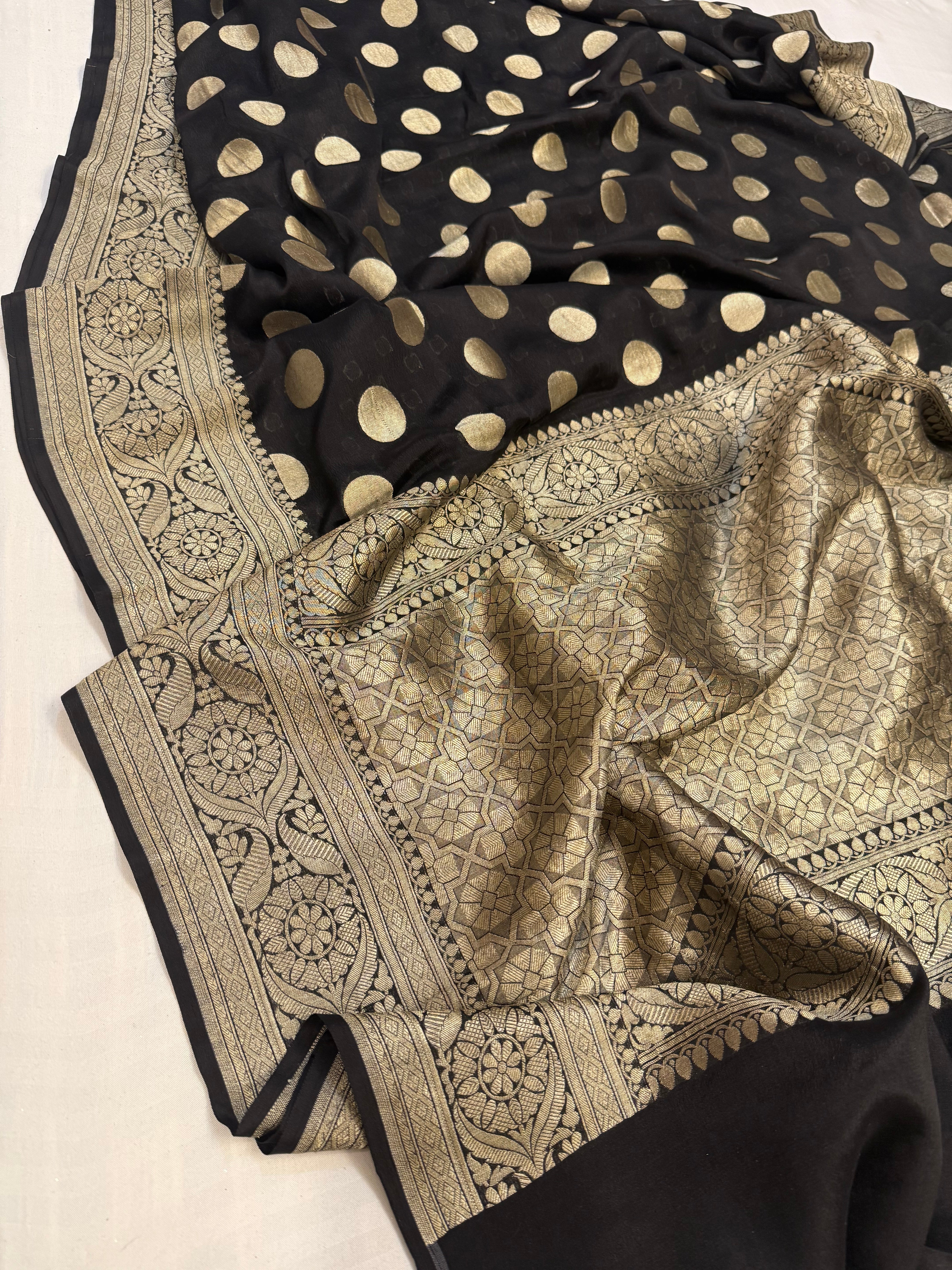 Black pure banarasi gorgette kadhwa round buti saree