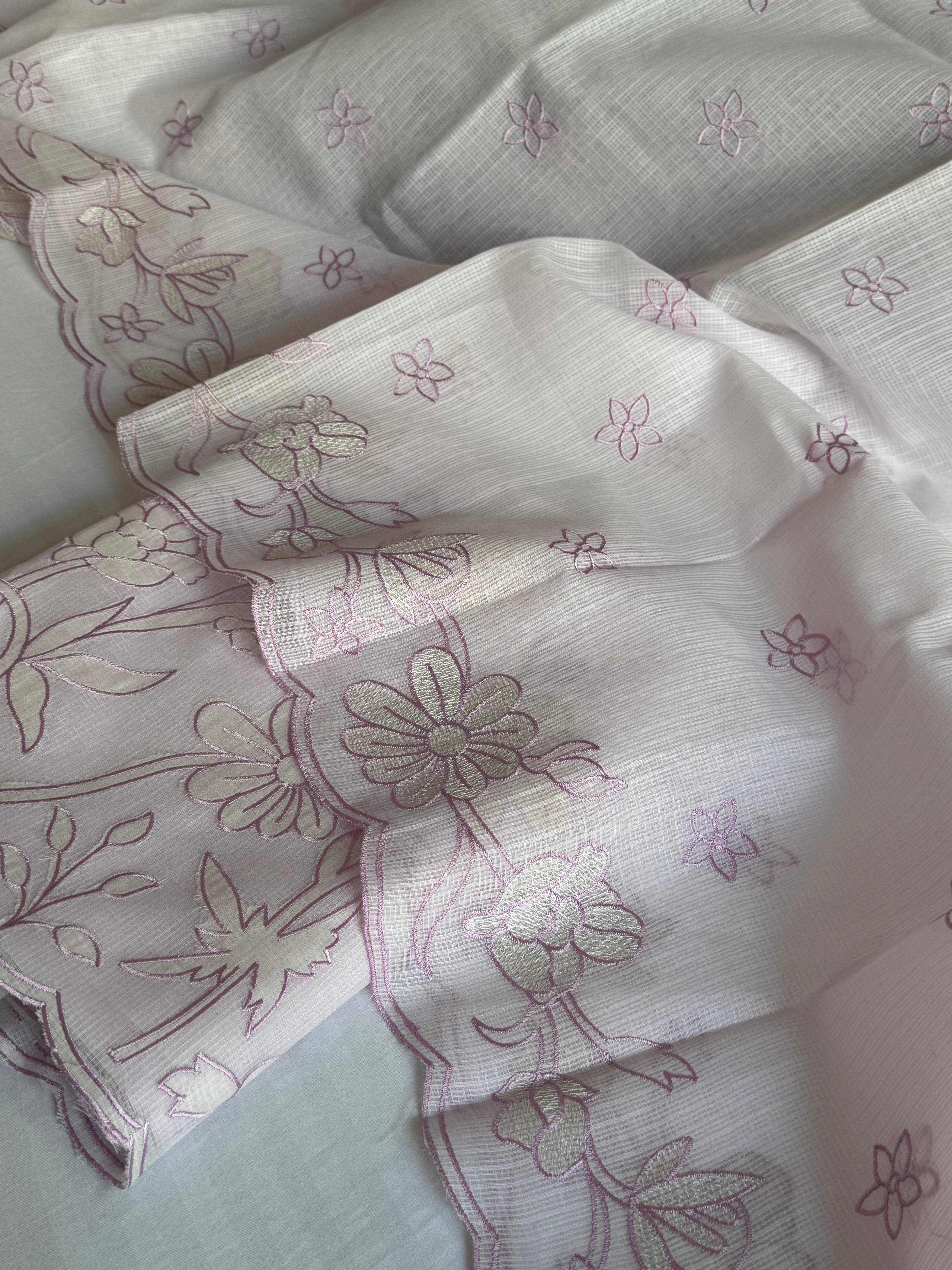 Powder pink kota check appliqué work hand embroidered kadhwa suit set