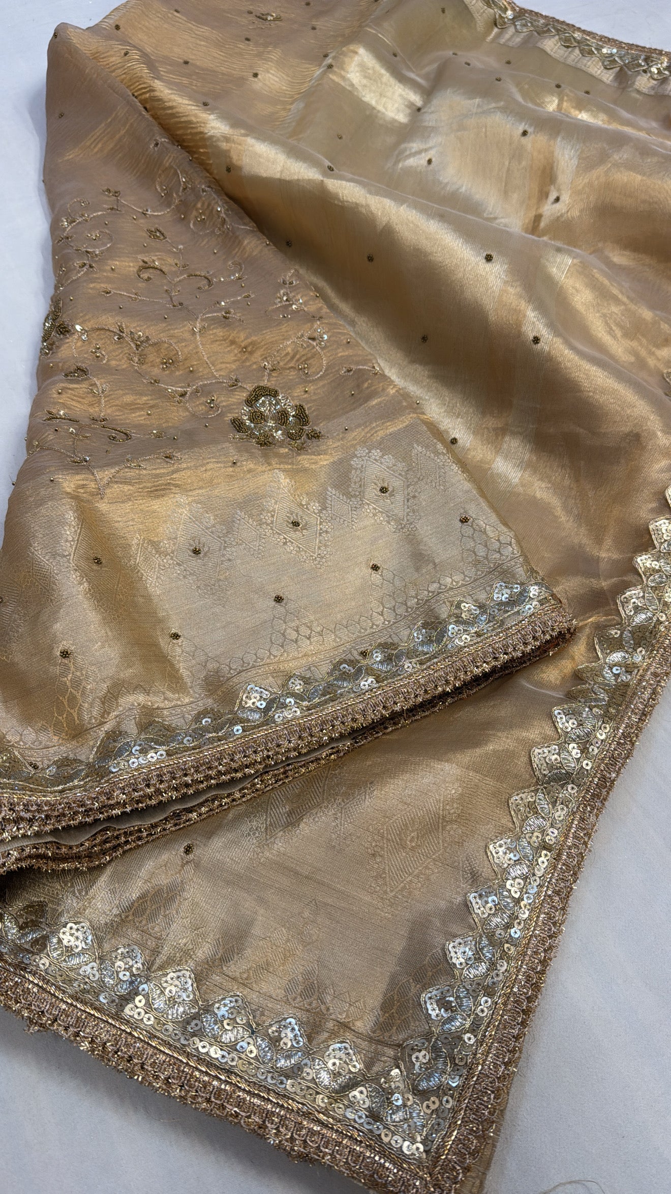 Golden husn tissue silk hand embroidered kadhwa saree with gotapatti work