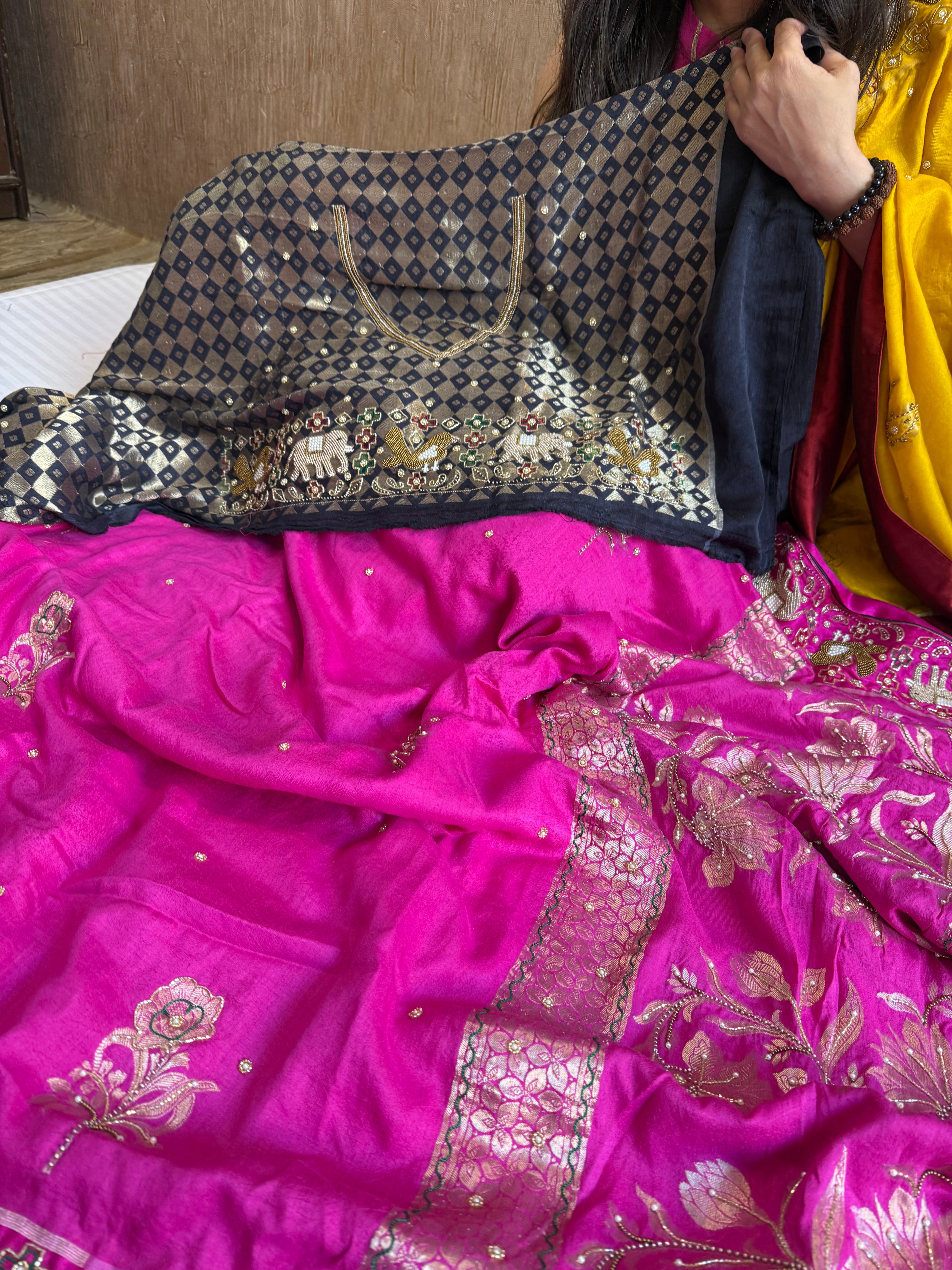 Moonga silk fusion saree with double ikkat patola inspired hand embroidered saree