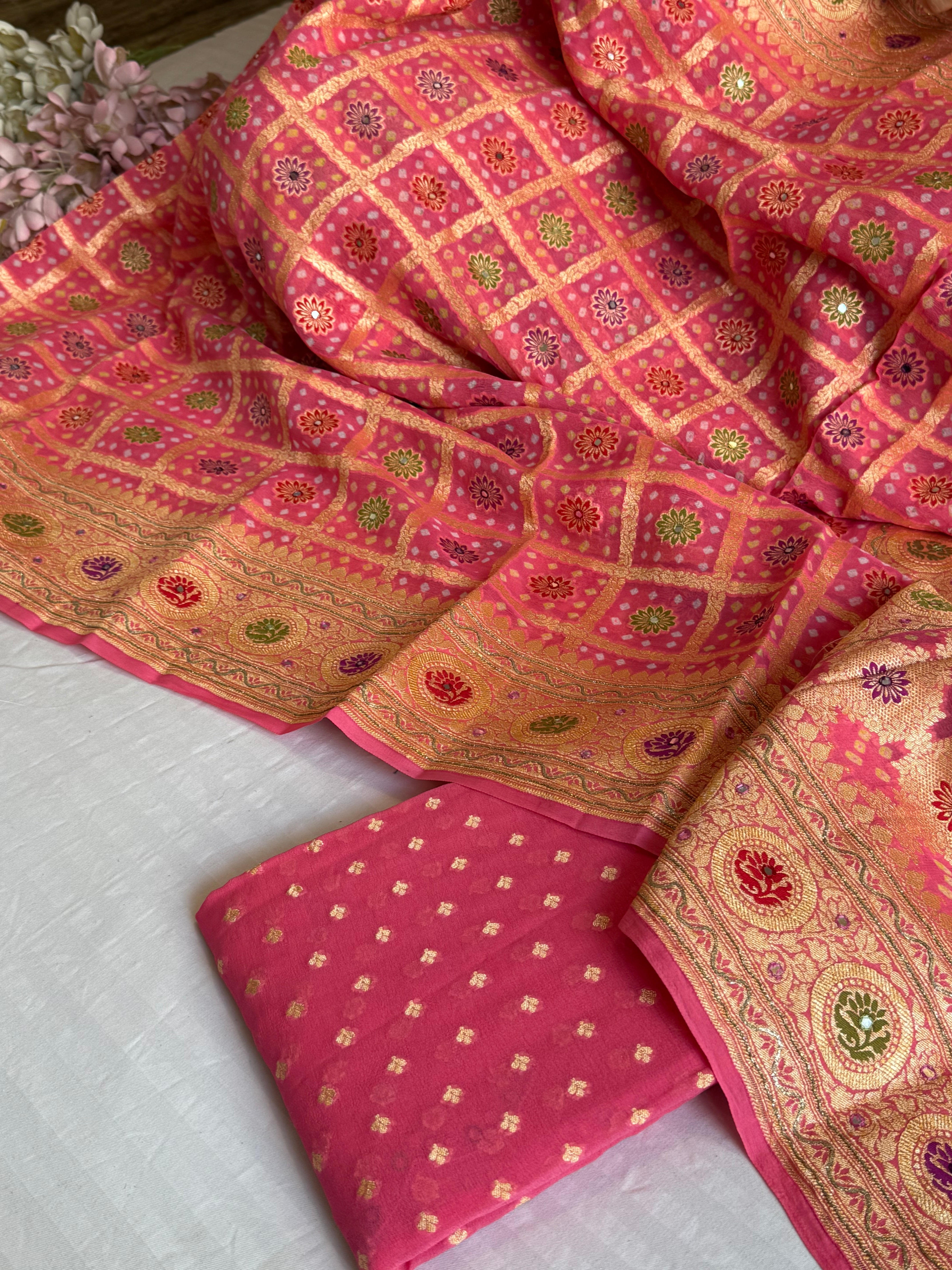 Mirror and dori work rose neon pink banarasi bandhej gorgette kadhwa suit sets